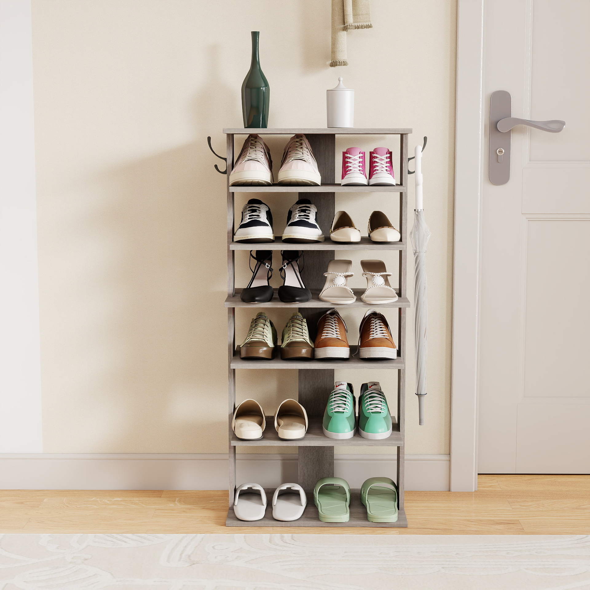 Shoe Rack,7 Tier Shoe Storage Organizer With Hooks, Entryway Shoe Tower,12-14Pairs Shoes,Vertical Shoe Organizer,Vertical Shoe Organizer,Easy Assemble,Saving Space,Rustic Gray