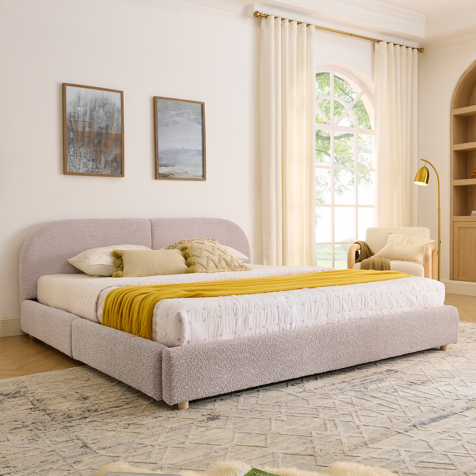 King Size Upholstered Bed Frame Modern Minimalist Style - Circle Yarn Fabric, Tall Curved Headboard, Sturdy Leg Support & Wheeled Drawer Storage, Mattress Not Included - Pink