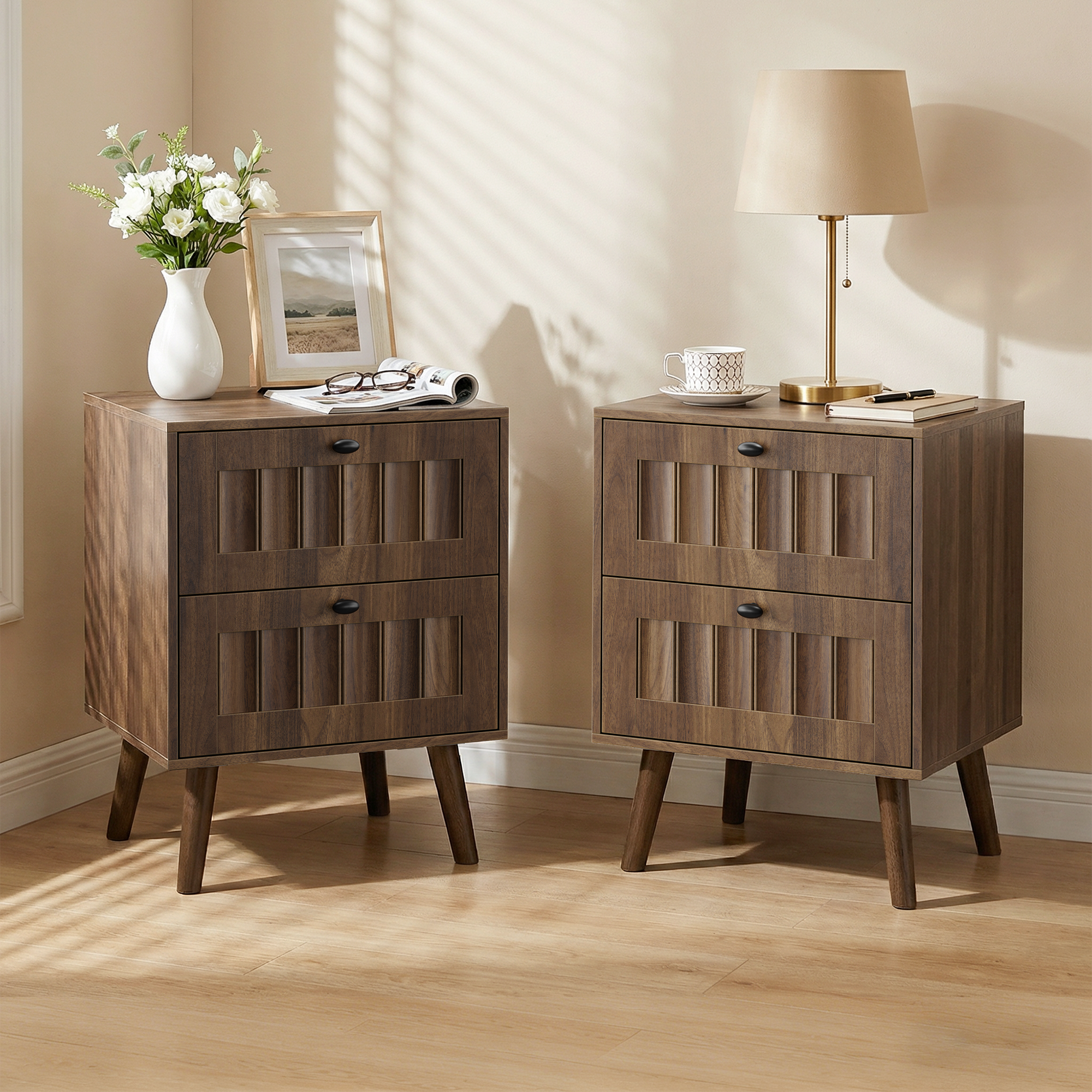 Medieval-style Modern Double-drawer Bedside Table With Solid Wood Legs, Bedroom Bedside Table, Bedroom Side Table, 15.75 X 15.75 X 22.64 Inches, Walnut Color, 2-pack - Image 1