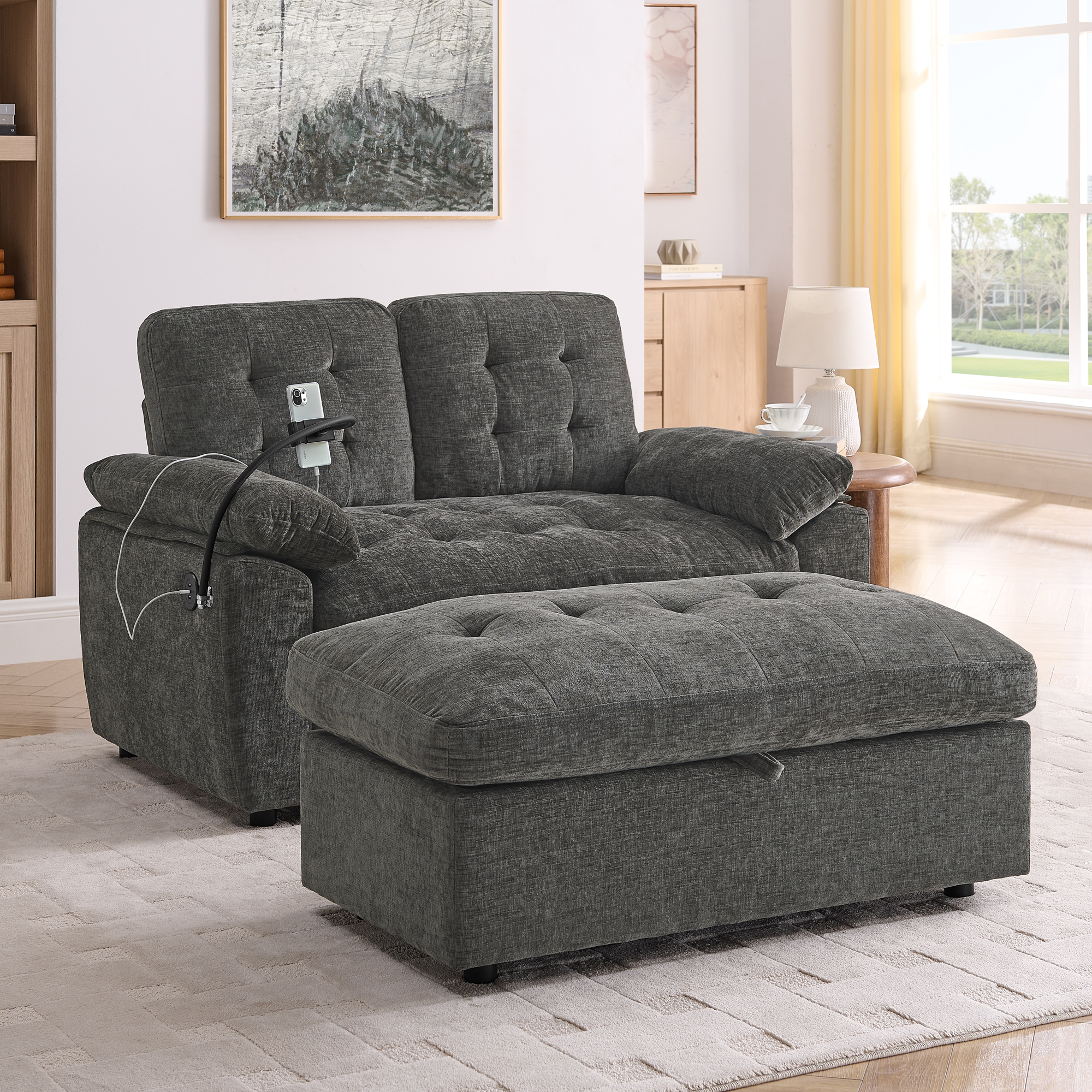 Leisure Sofa Chair,Double Sofa Recliner, With Manually Adjustable Backrest, Soft Padded Armrests, Side USB Charging Port And Phone Stand, Comes With A Matching Storage Ottoman-Gray