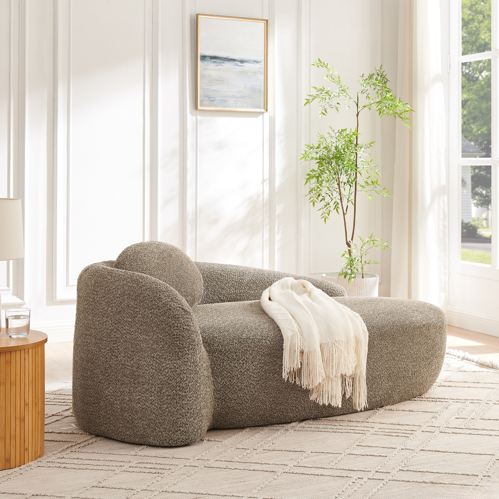 Modern Oval Single Lazy Sofa Chair With Integrated Backrest, Side Armrest And Pillow, Compact Space-Saving Lounge Chair For Living Room Bedroom-Brown