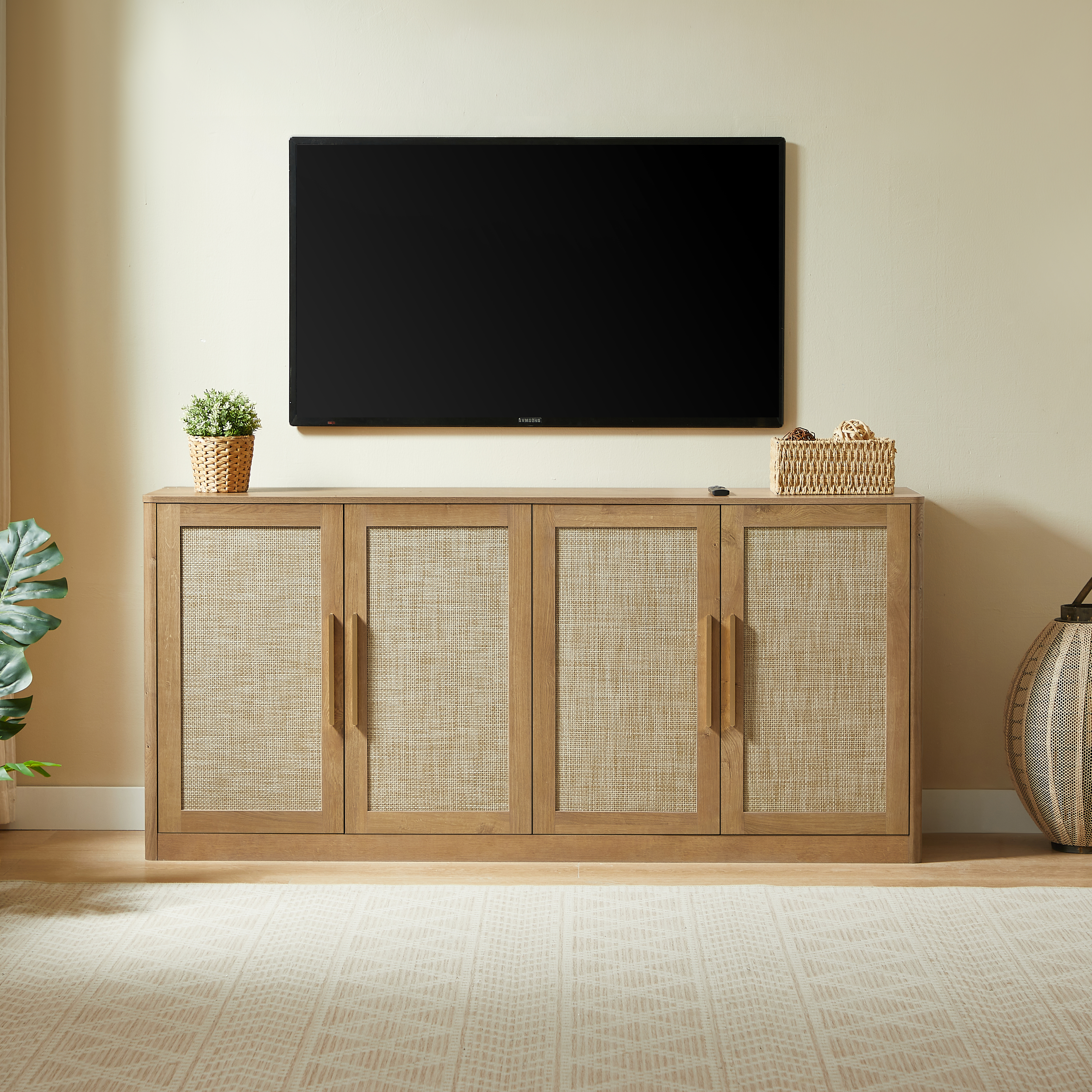 67  Rattan 4-Door Buffet Cabinet, Boho Sideboard, Large Credenza Sideboard Buffet For Living Room, Hallway And Kitchen, Caramel Oak, 67 W X 15.75 D X 31.5 H.