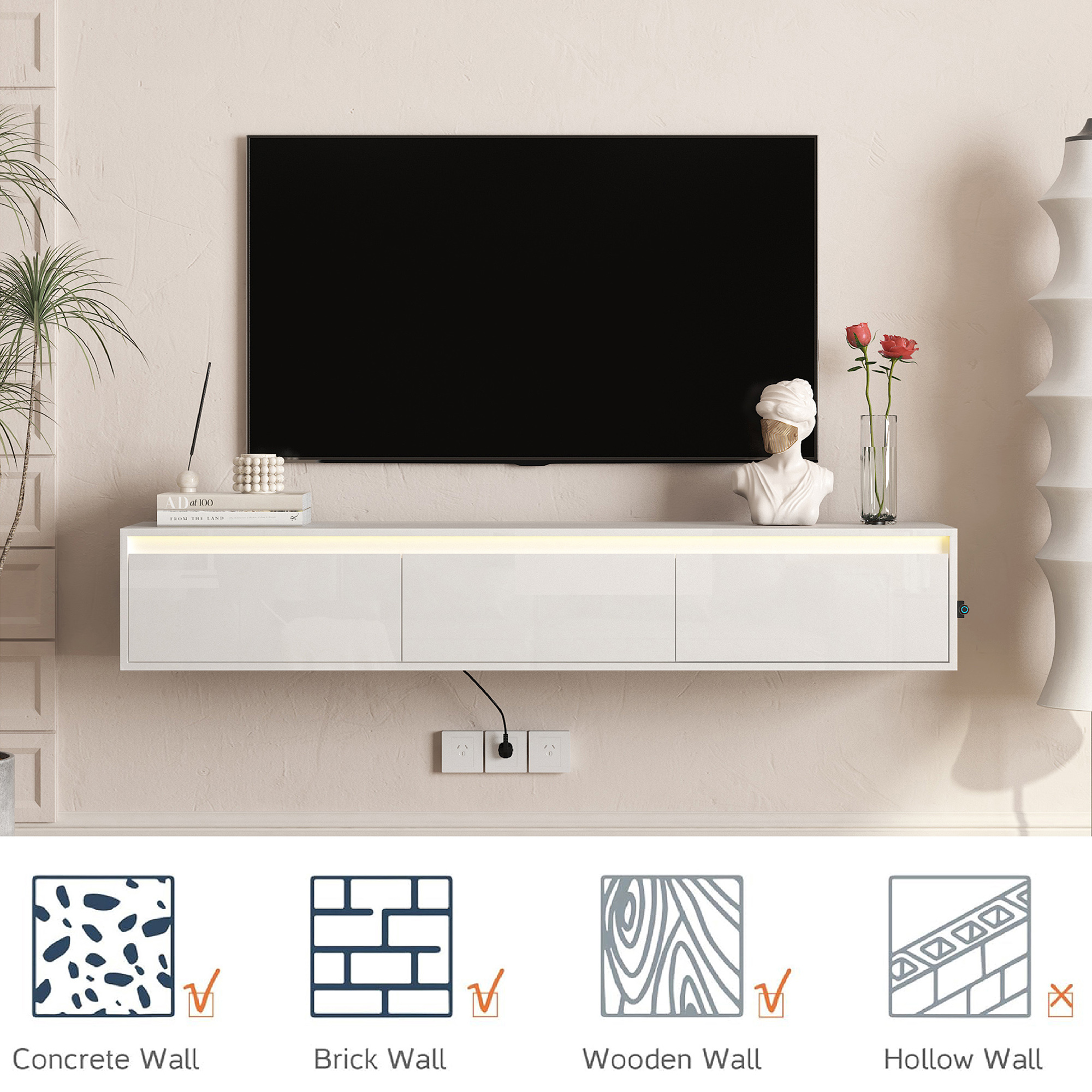 High Gloss Suspended Tv Cabinet Wall Mounted Floating Tv Shelf_voghion.com