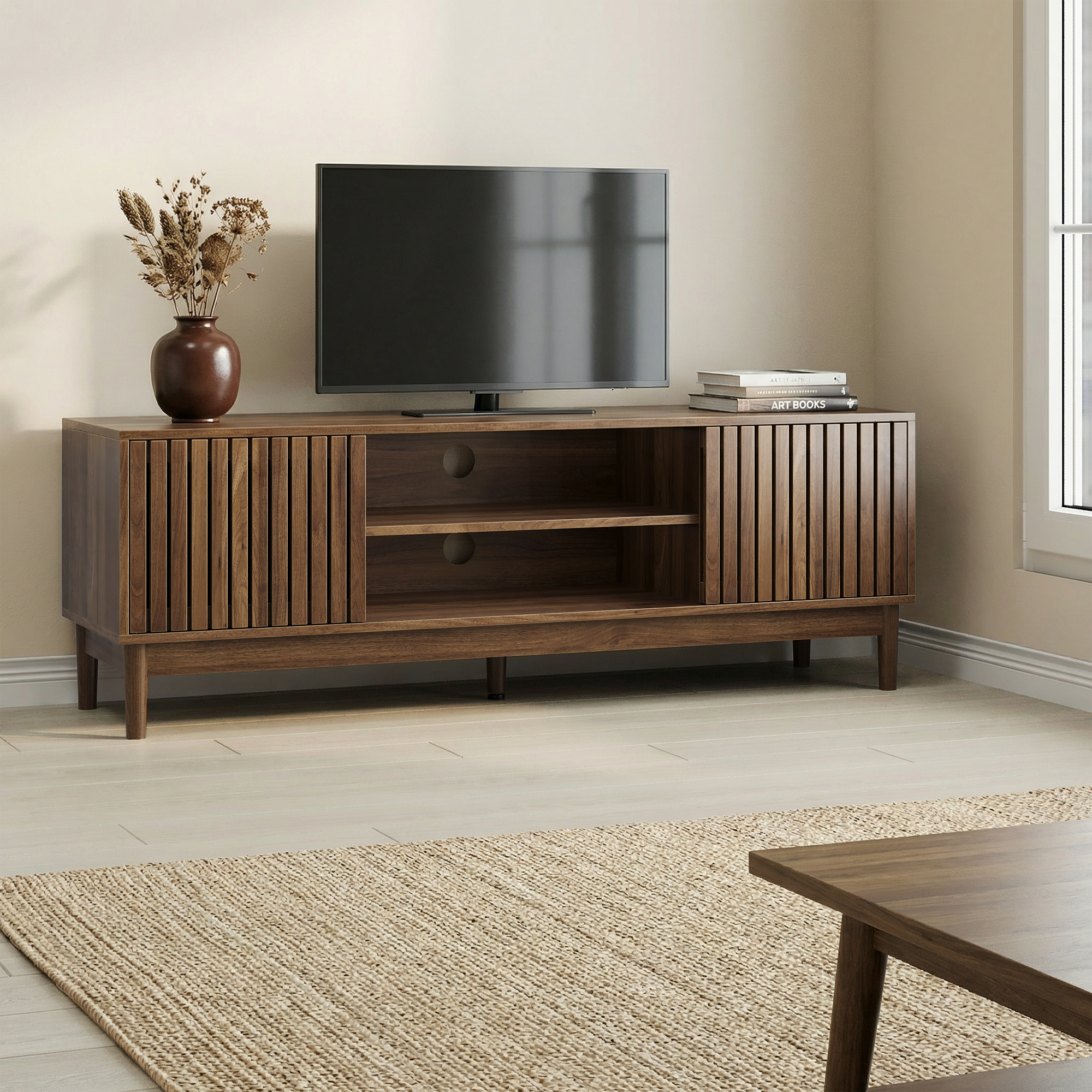 55-inch TV Stand, Mid-century Modern Style TV Stand Suitable For 55 65-inch TVs, Entertainment Center With Storage Space, Media Console For Living Room And Bedroom, Walnut Wood Color