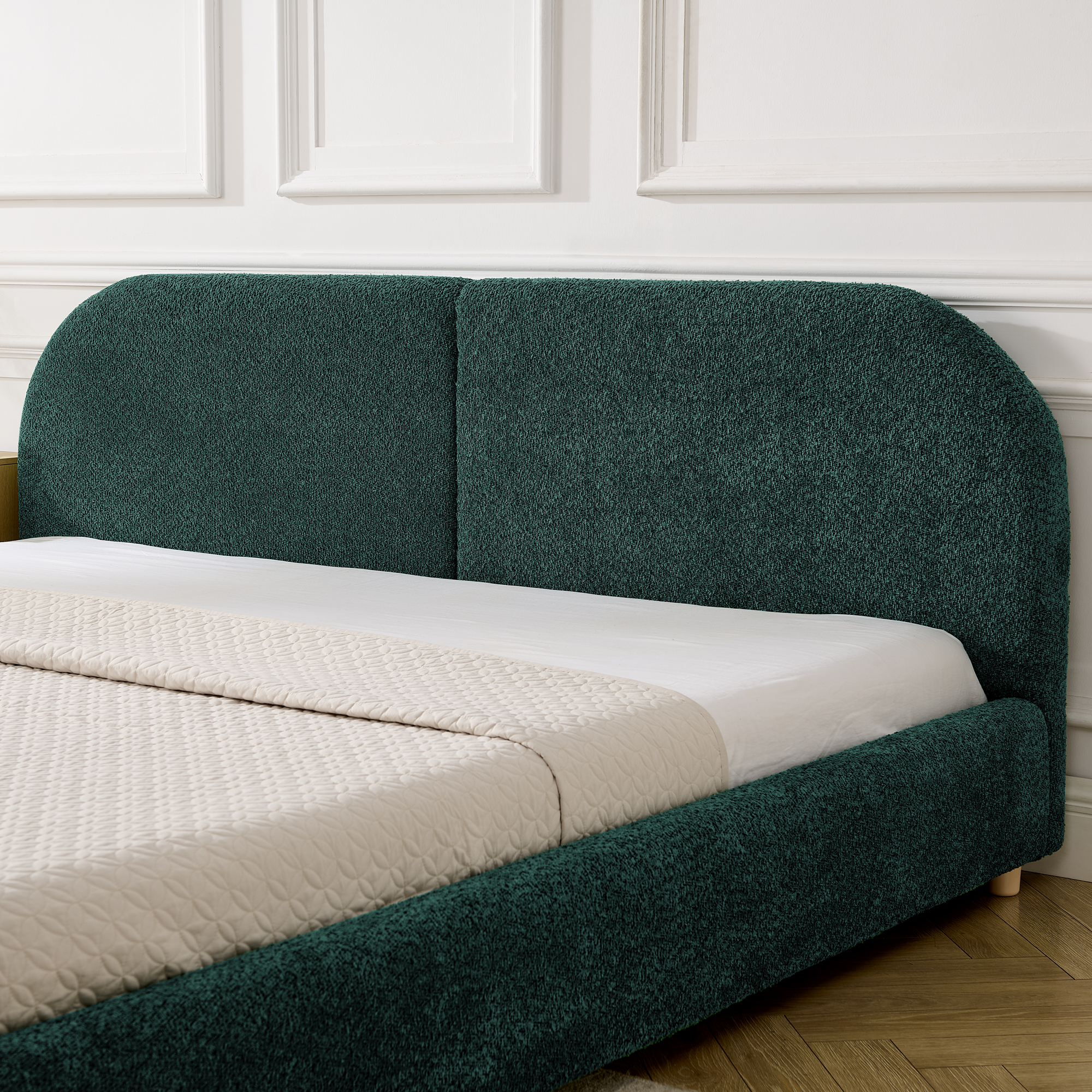 King Size Upholstered Bed Frame, Modern Minimalist Style With Tall Curved Headboard, Premium Circle Yarn Fabric & Sturdy Leg Support, Mattress Not Included-Green