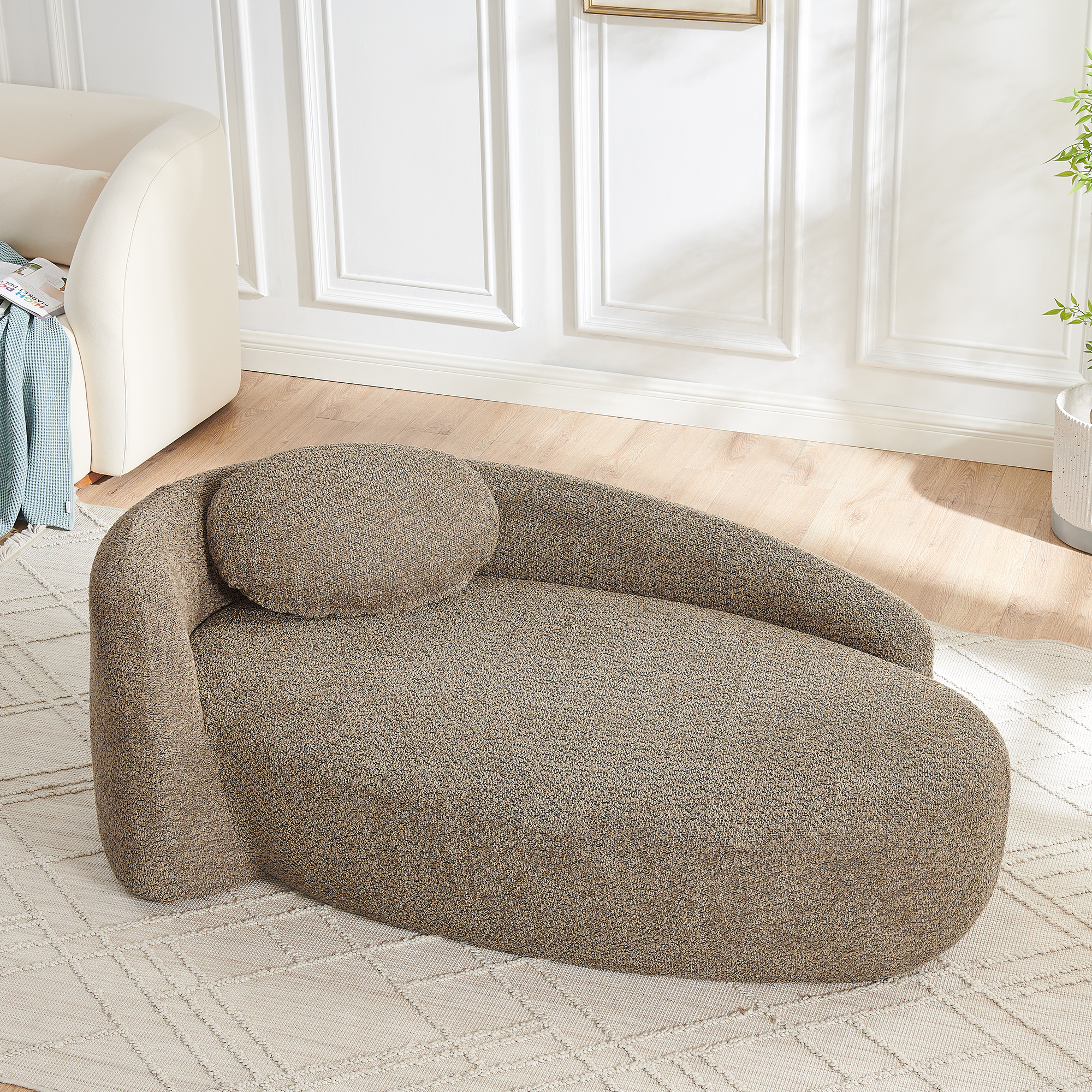 Modern Oval Single Lazy Sofa Chair With Integrated Backrest, Side Armrest And Pillow, Compact Space-Saving Lounge Chair For Living Room Bedroom-Brown