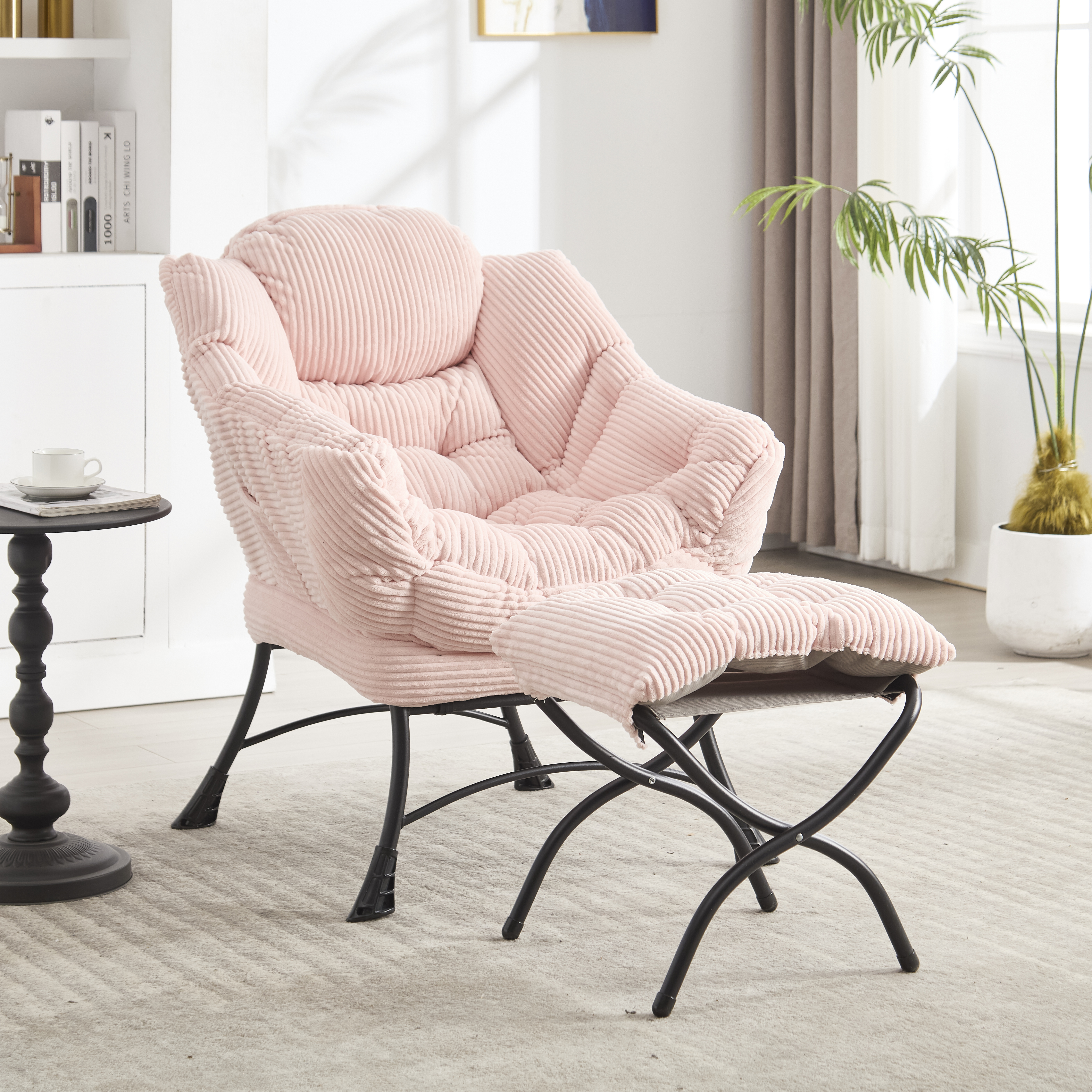 Lazy Chair With Ottoman, Modern Lounge Accent Chair With Armrests And A Side Pocket, Leisure Upholstered Sofa Chair Reading Chair With Footrest For Small Space, Corner Chair-Pink
