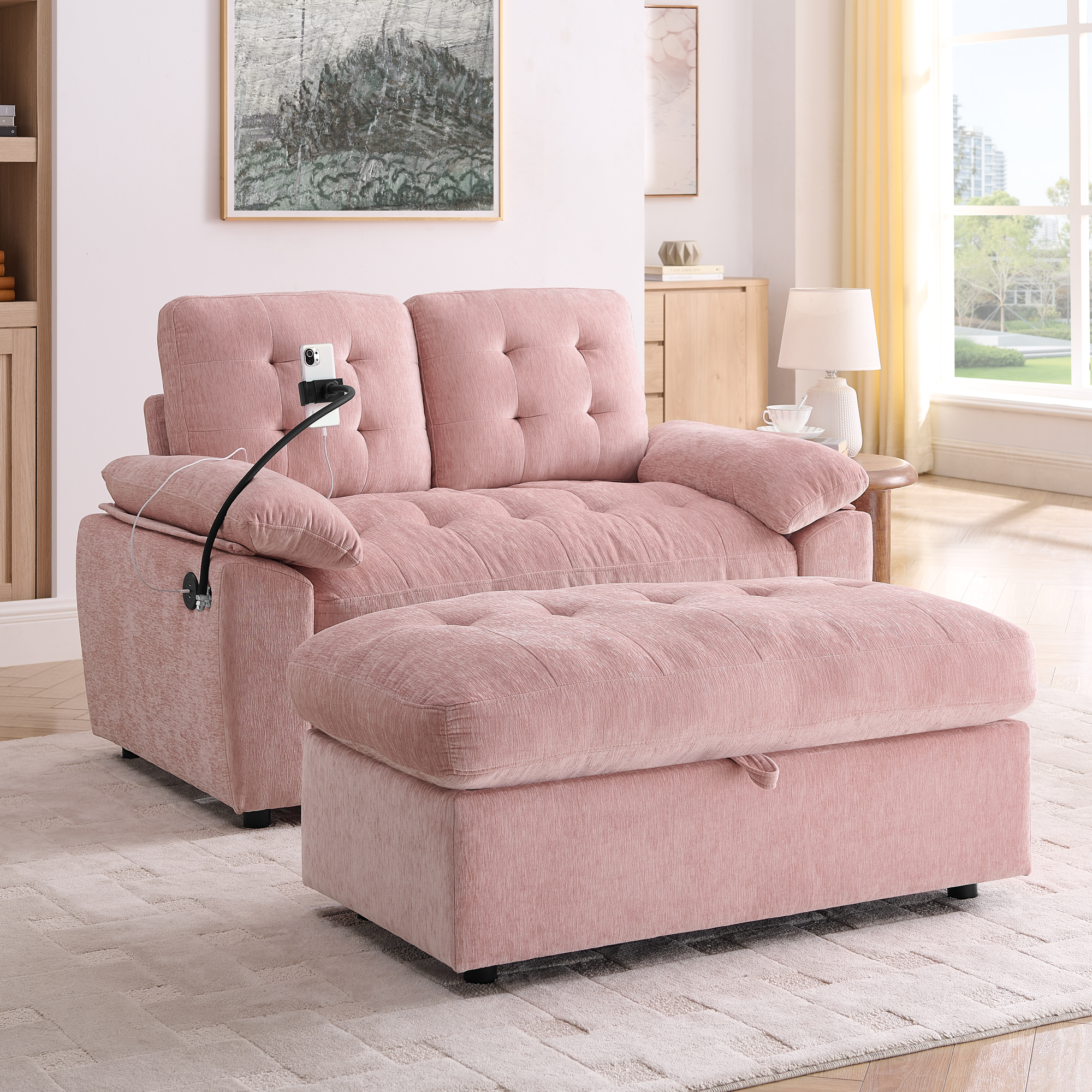Leisure Sofa Chair,Double Sofa Recliner, With Manually Adjustable Backrest, Soft Padded Armrests, Side USB Charging Port And Phone Stand, Comes With A Matching Storage Ottoman-Pink