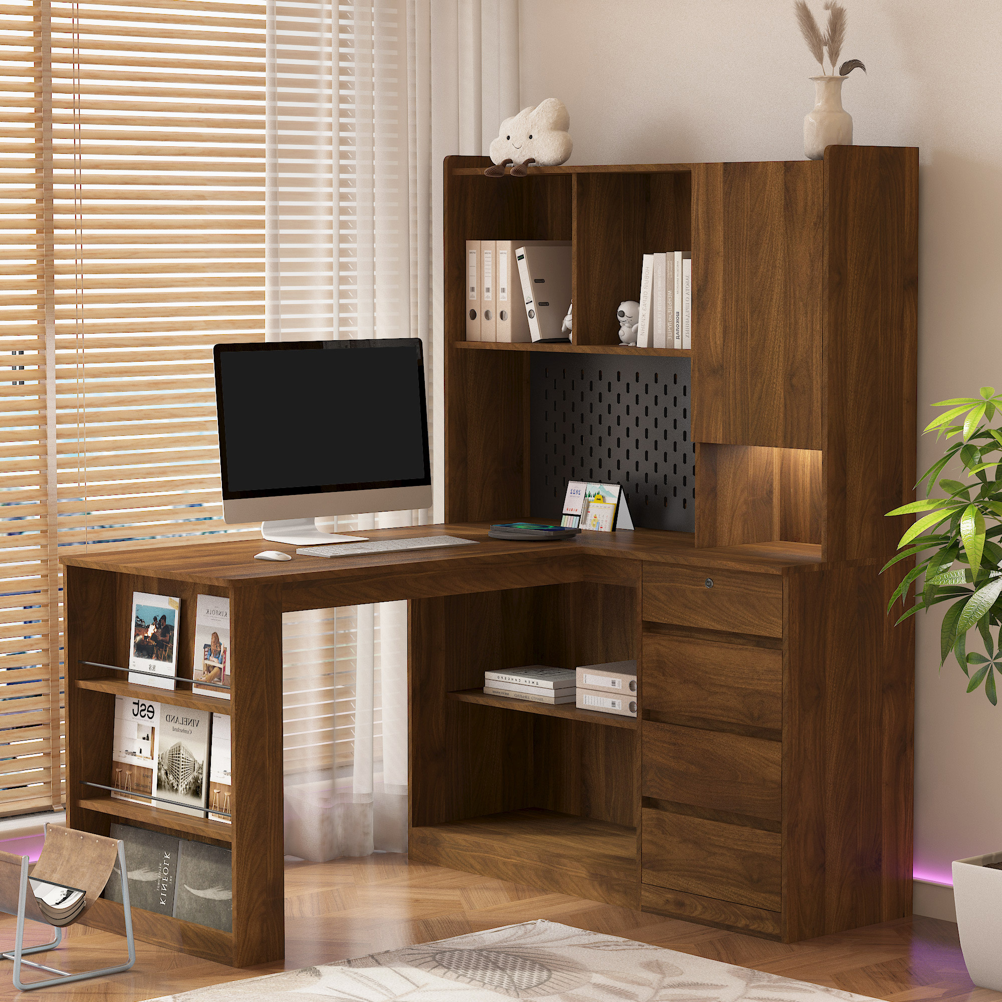 L Shaped Desk With Charger,Computer Desk With Drawers,Bookshelf, With LED Light,Modern Corner Desk,Home Office Desk,L-Shaped Study Table Writing Desk,Corner Gaming Computer Desk With Storage