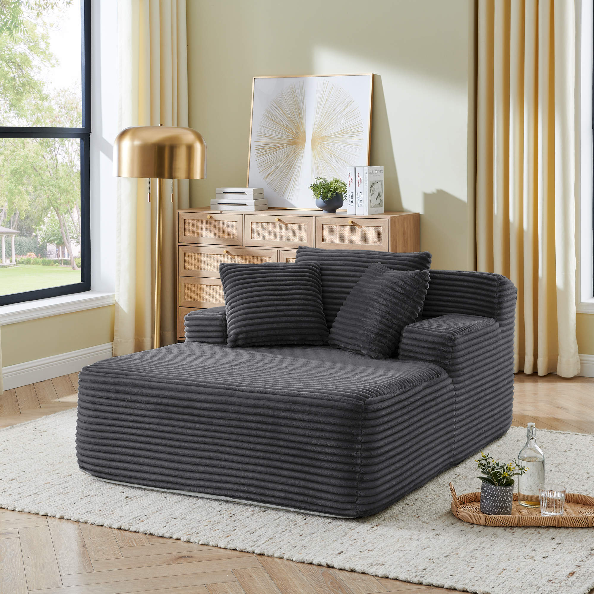 Single Lazy Sofa Lounge Chair, No Assembly Required, Made Of Velvet Fabric, Fluffy Modern Single Lounge Chair, Used For Indoor Living Rooms And Bedrooms-Dark Gray