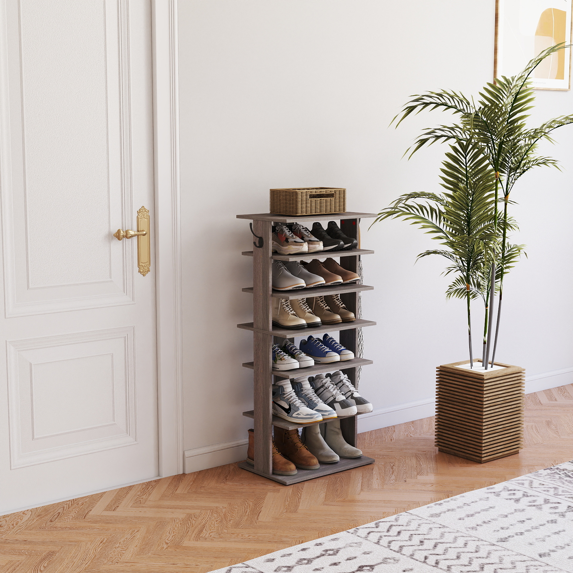 Shoe Rack,7 Tier Shoe Storage Organizer With Hooks, Entryway Shoe Tower,12-14Pairs Shoes,Vertical Shoe Organizer,Vertical Shoe Organizer,Easy Assemble,Saving Space,Rustic Gray