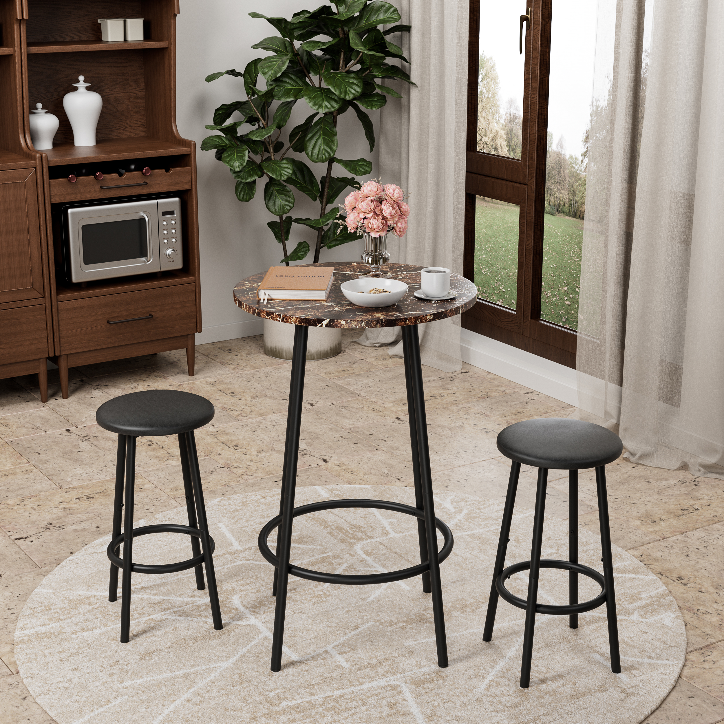 3-Piece Bar Table Set With 2 Bar Stools Modern Pub Table_voghion.com