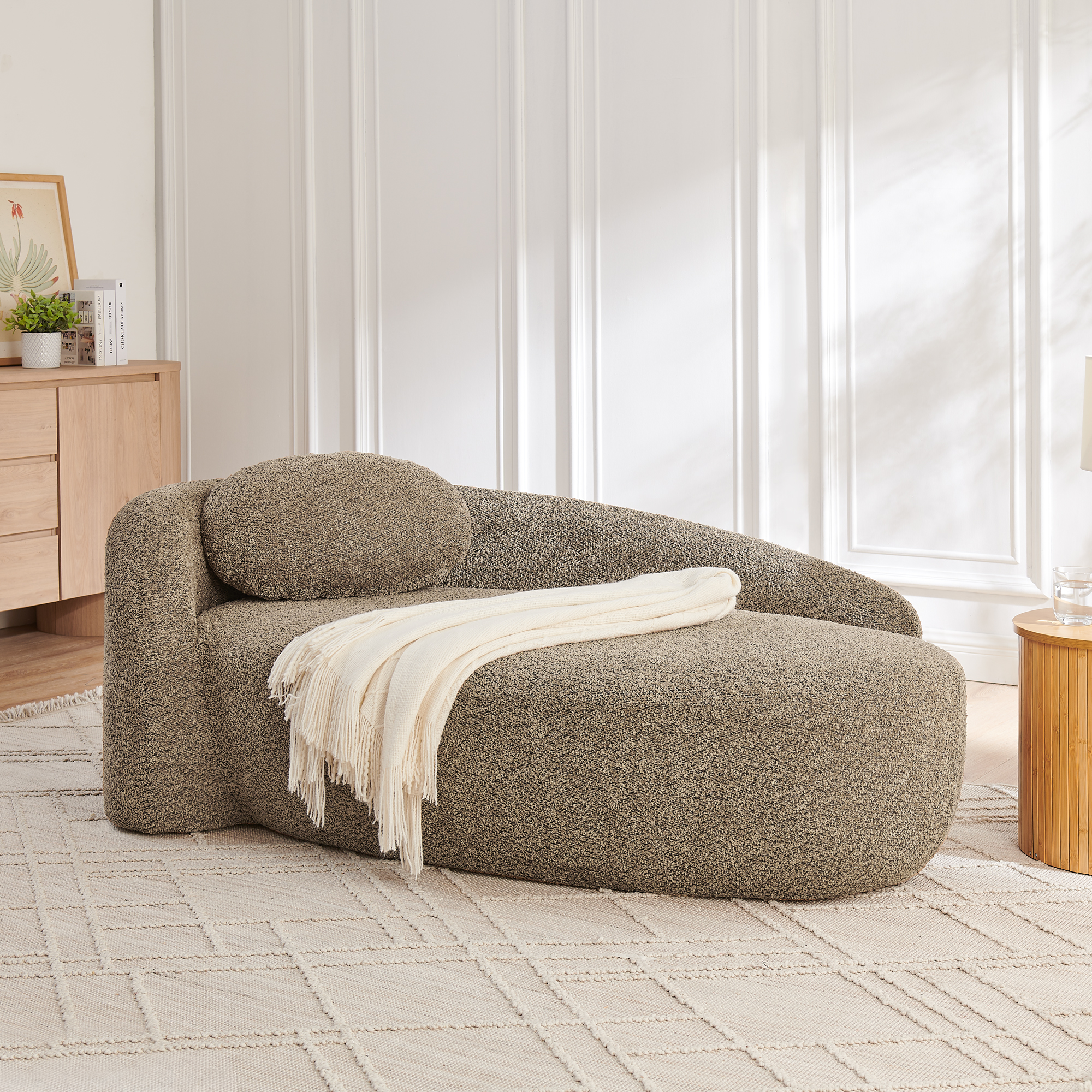 Modern Oval Single Lazy Sofa Chair With Integrated Backrest, Side Armrest And Pillow, Compact Space-Saving Lounge Chair For Living Room Bedroom-Brown