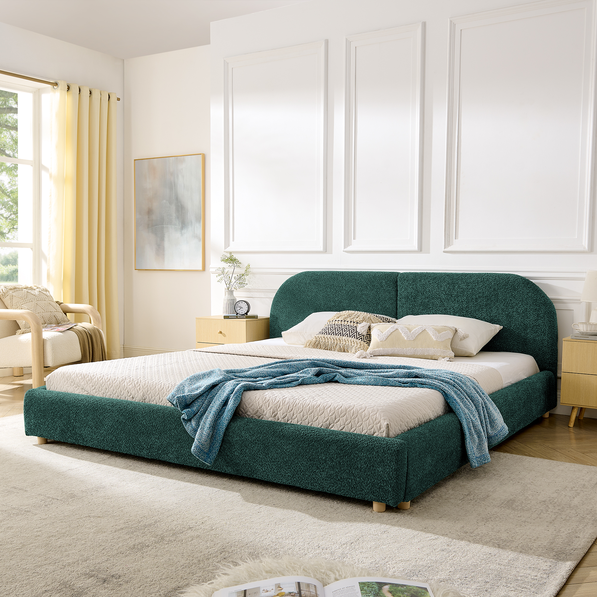 King Size Upholstered Bed Frame, Modern Minimalist Style With Tall Curved Headboard, Premium Circle Yarn Fabric & Sturdy Leg Support, Mattress Not Included-Green