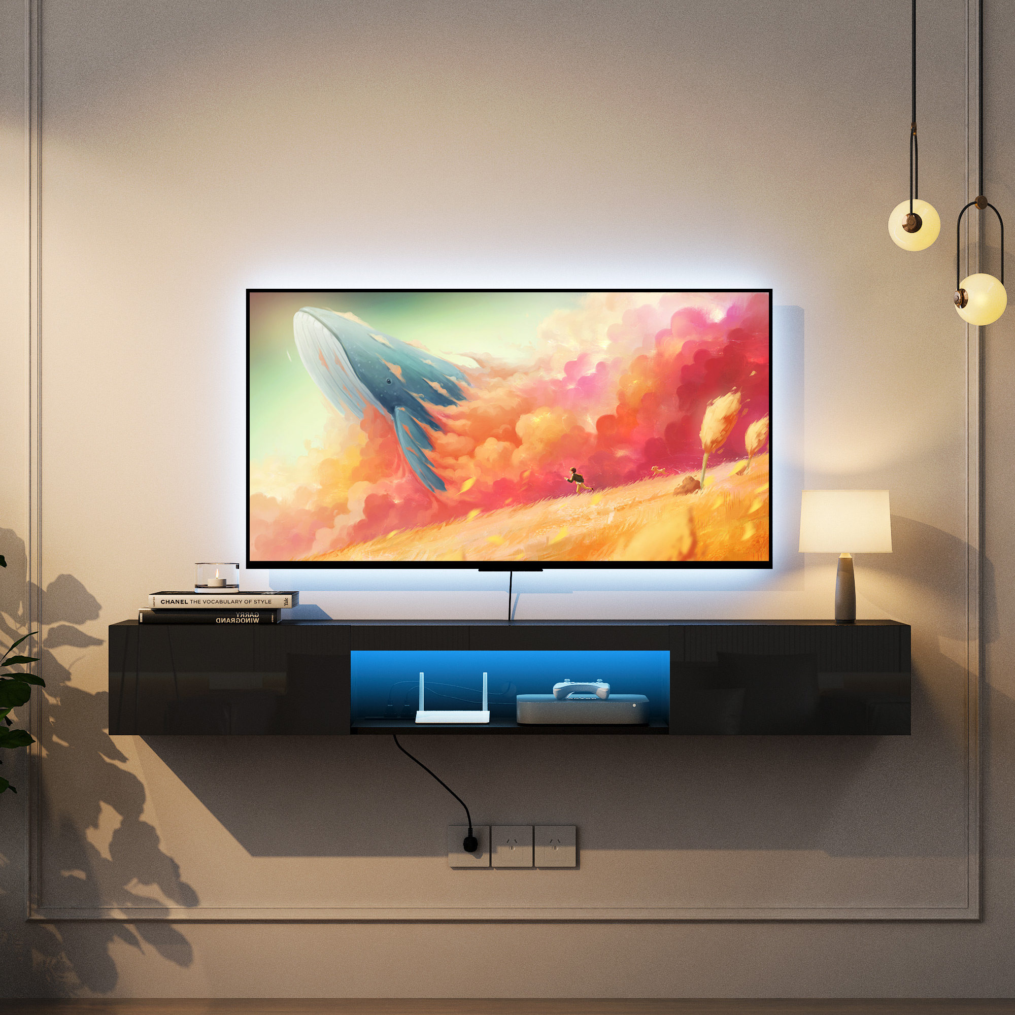 Floating TV Stand Wall Mounted With 16 Color LEDs,63  Modern TV Stand, Floating TV Cabinet Entertainment Center For 55 60 65 Inch TV,Black