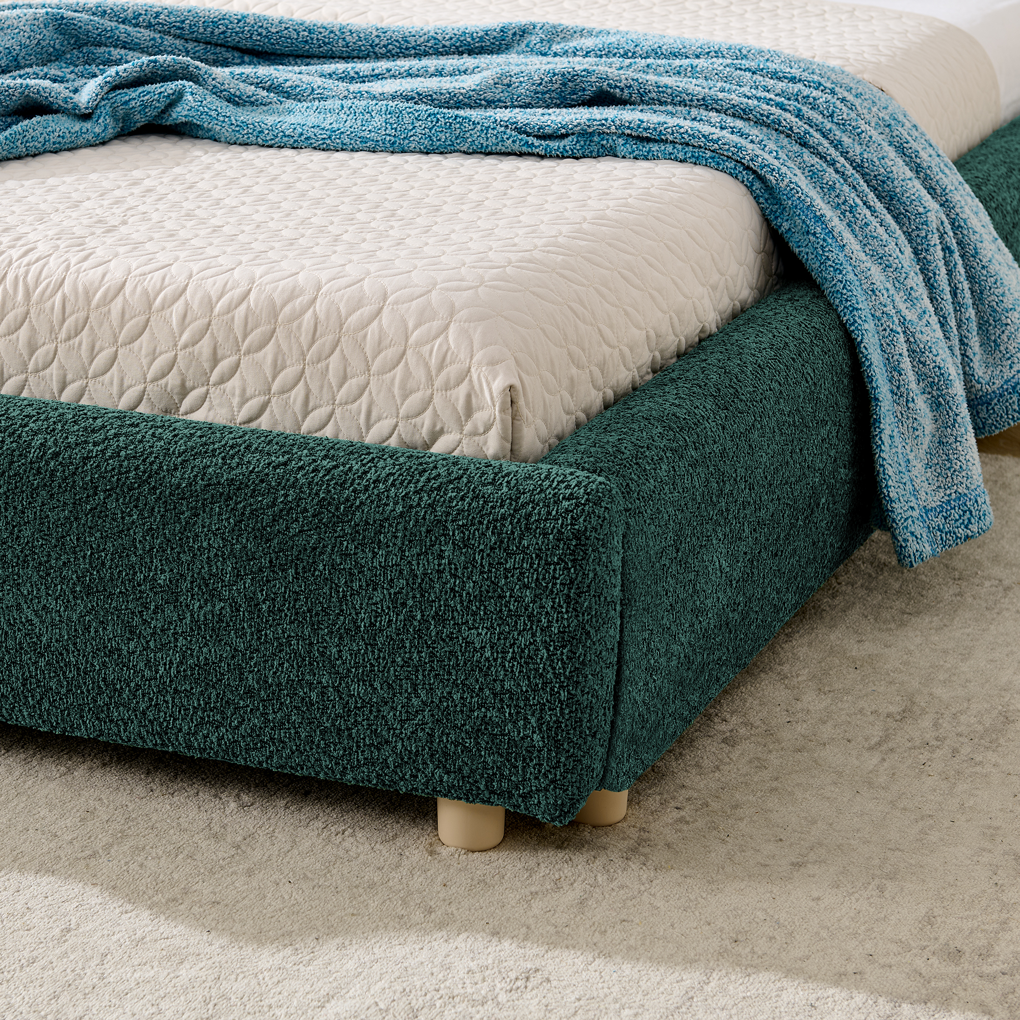 King Size Upholstered Bed Frame, Modern Minimalist Style With Tall Curved Headboard, Premium Circle Yarn Fabric & Sturdy Leg Support, Mattress Not Included-Green