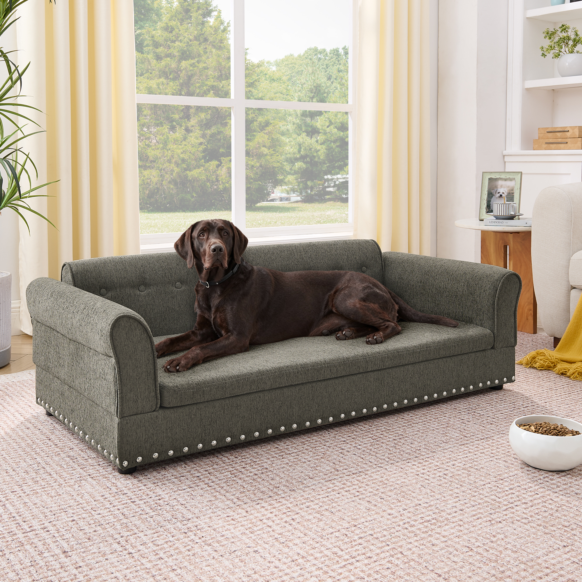 Oversized Pet Sofa ,Elegant Modern Linen Fabric Elevated Dog Sofa Bed, Comfortable Oversized Rectangular Pet Bed With Backrest & Armrest For Large & Oversized Dogs-Dark Grey