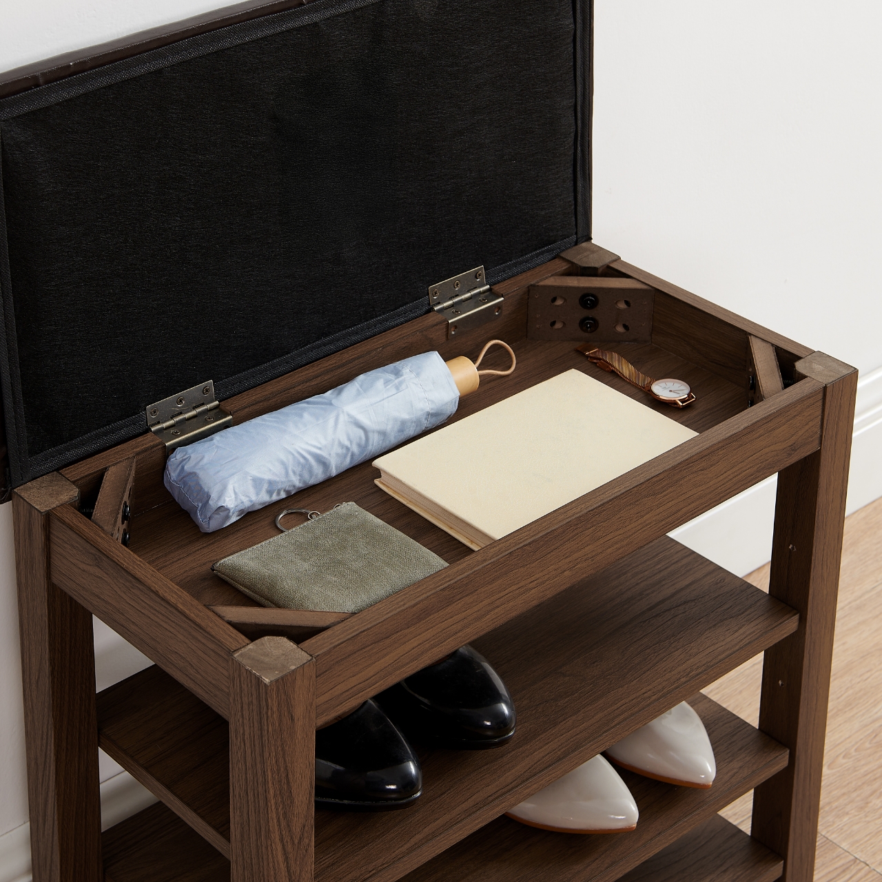 A Height-adjustable Shoe-changing Bench Made Of High-quality Wood, Equipped With A Comfortable Seat And Concealed Storage Space,Natural Rubber Wood,Brown