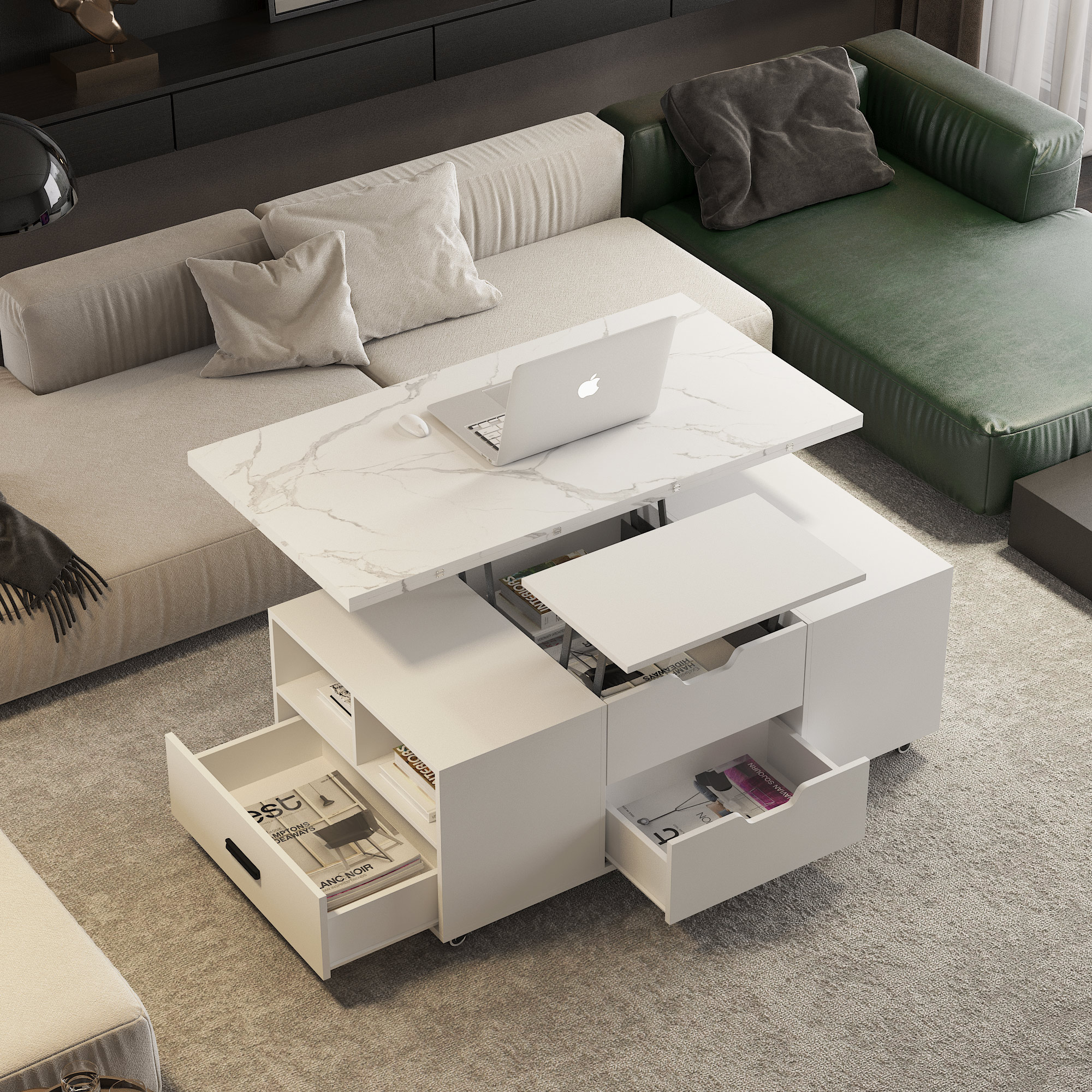 Modern Lift-Up Coffee Table With 2 Stools Set For Living Room Expandable Hidden Storage   Drawers Space Saving Folding Dining Table