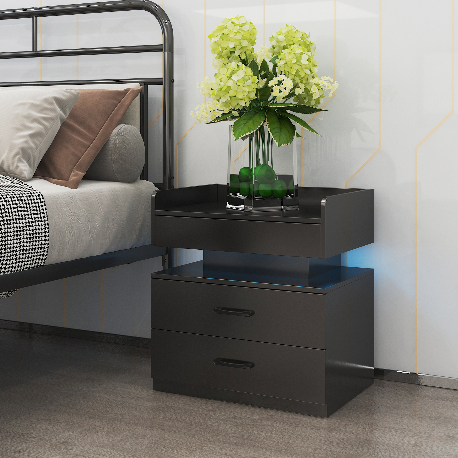 1 Set Nightstand With Adjustable LED Strip Light, 2-drawers, Large Storage Space, Suitable For Bedside Table, Coffee Table, Sofa Side Table Or End Table For Study Desk