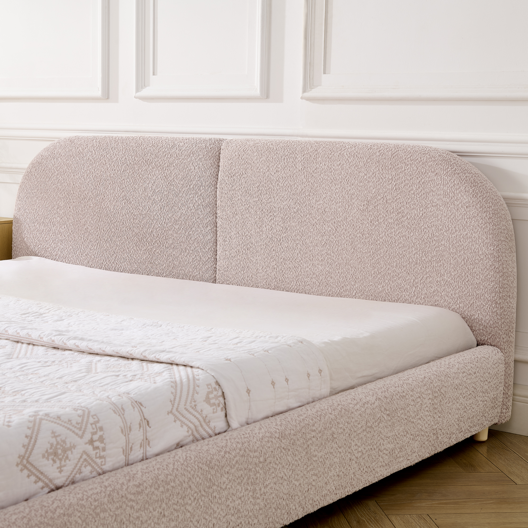 King Size Upholstered Bed Frame, Modern Minimalist Style With Tall Curved Headboard, Premium Circle Yarn Fabric & Sturdy Leg Support, Mattress Not Included-Pink