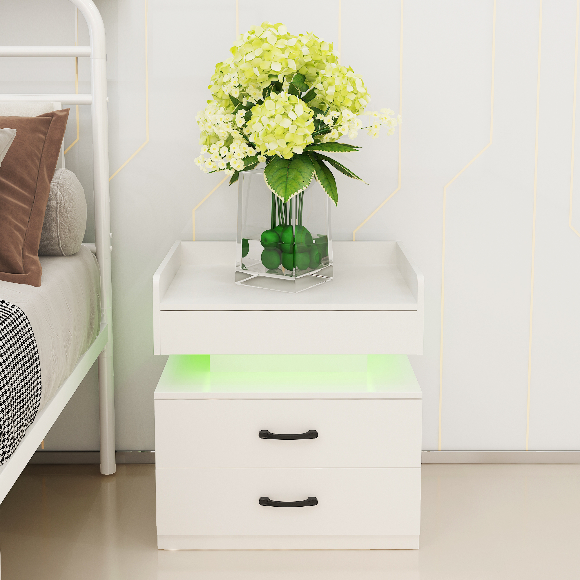 1 Set Nightstand With Adjustable LED Strip Light, 2-drawers, Large Storage Space, Suitable For Bedside Table, Coffee Table, Sofa Side Table Or End Table For Study Desk