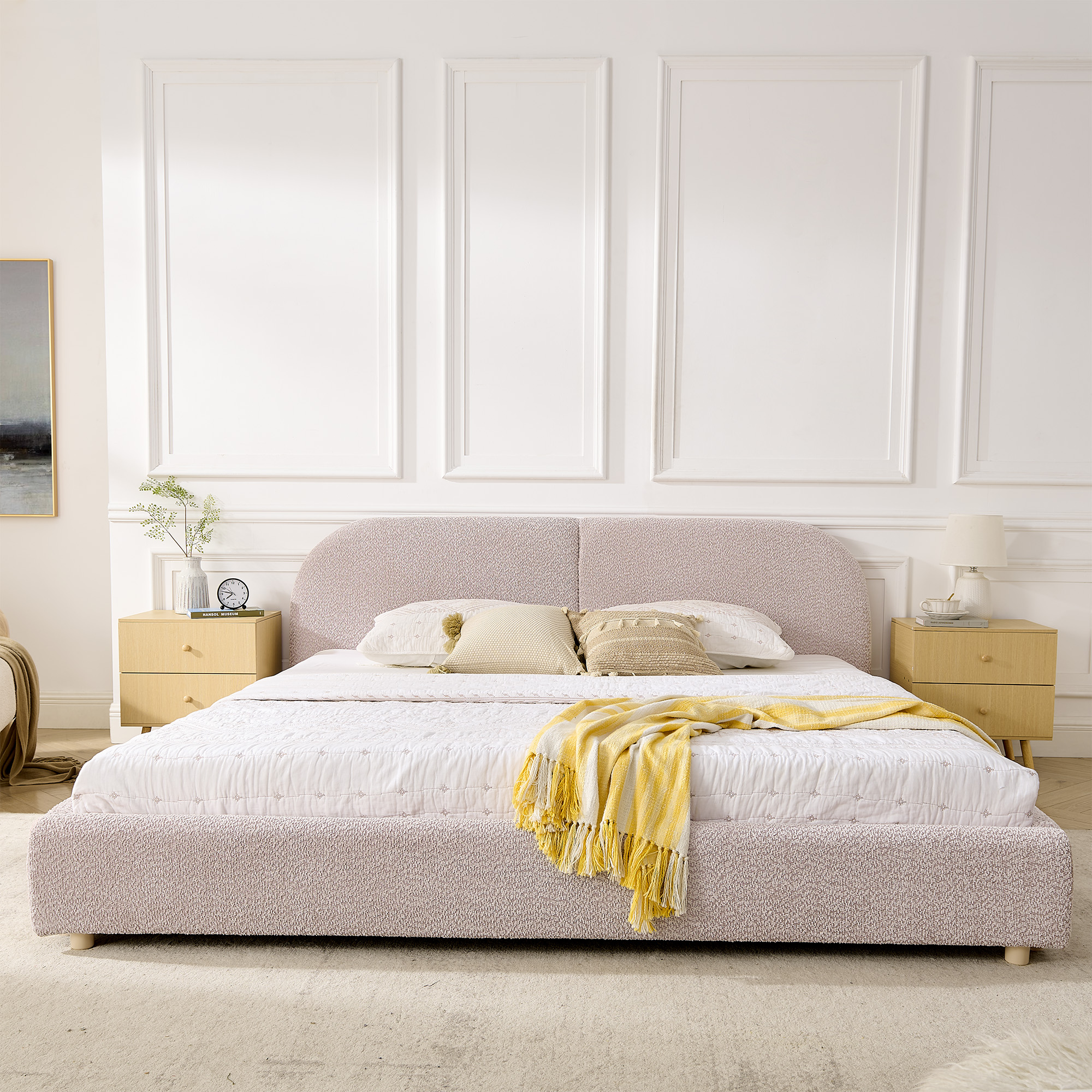King Size Upholstered Bed Frame, Modern Minimalist Style With Tall Curved Headboard, Premium Circle Yarn Fabric & Sturdy Leg Support, Mattress Not Included-Pink