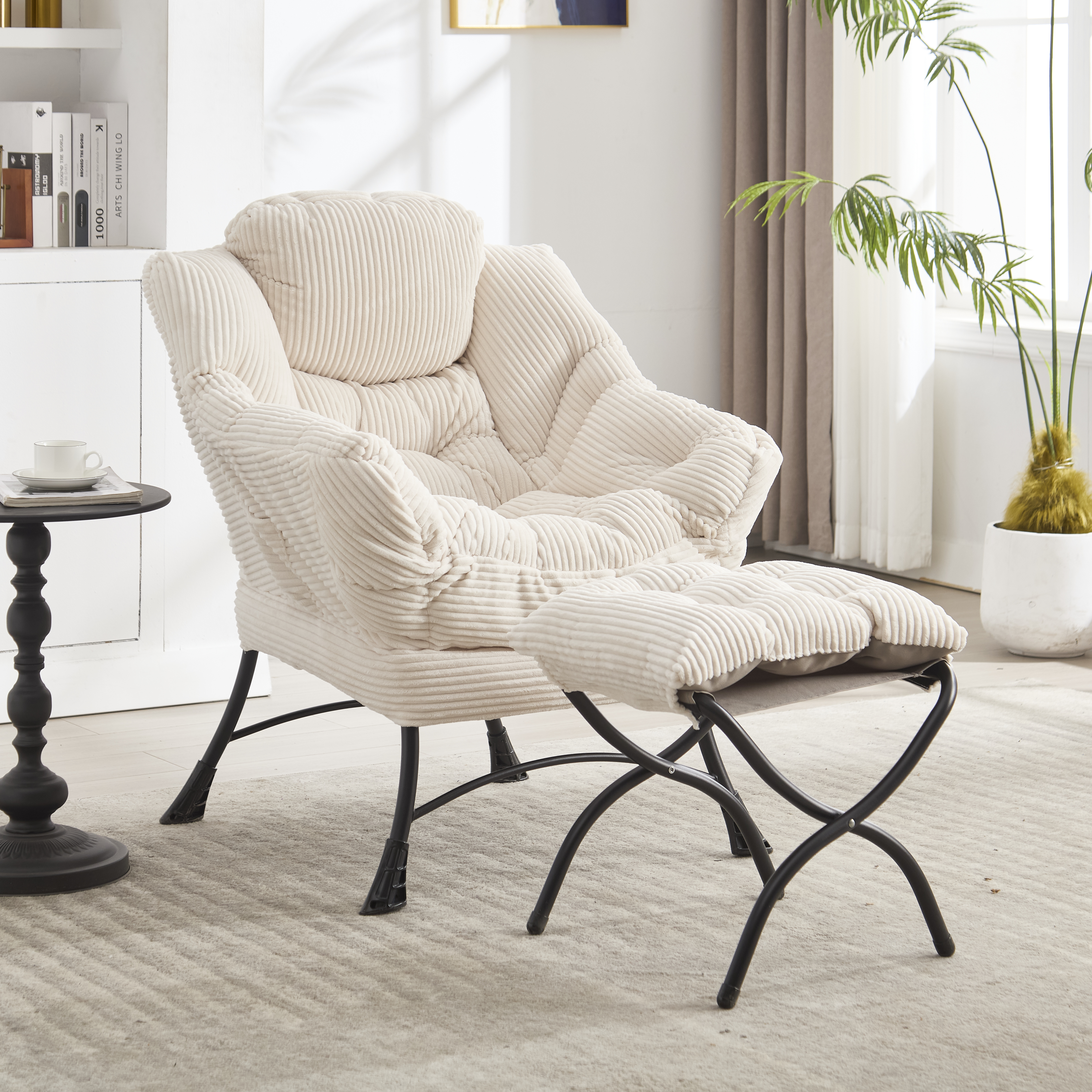 Lazy Chair With Ottoman, Modern Lounge Accent Chair With Armrests And A Side Pocket, Leisure Upholstered Sofa Chair Reading Chair With Footrest For Small Space, Corner Chair-White
