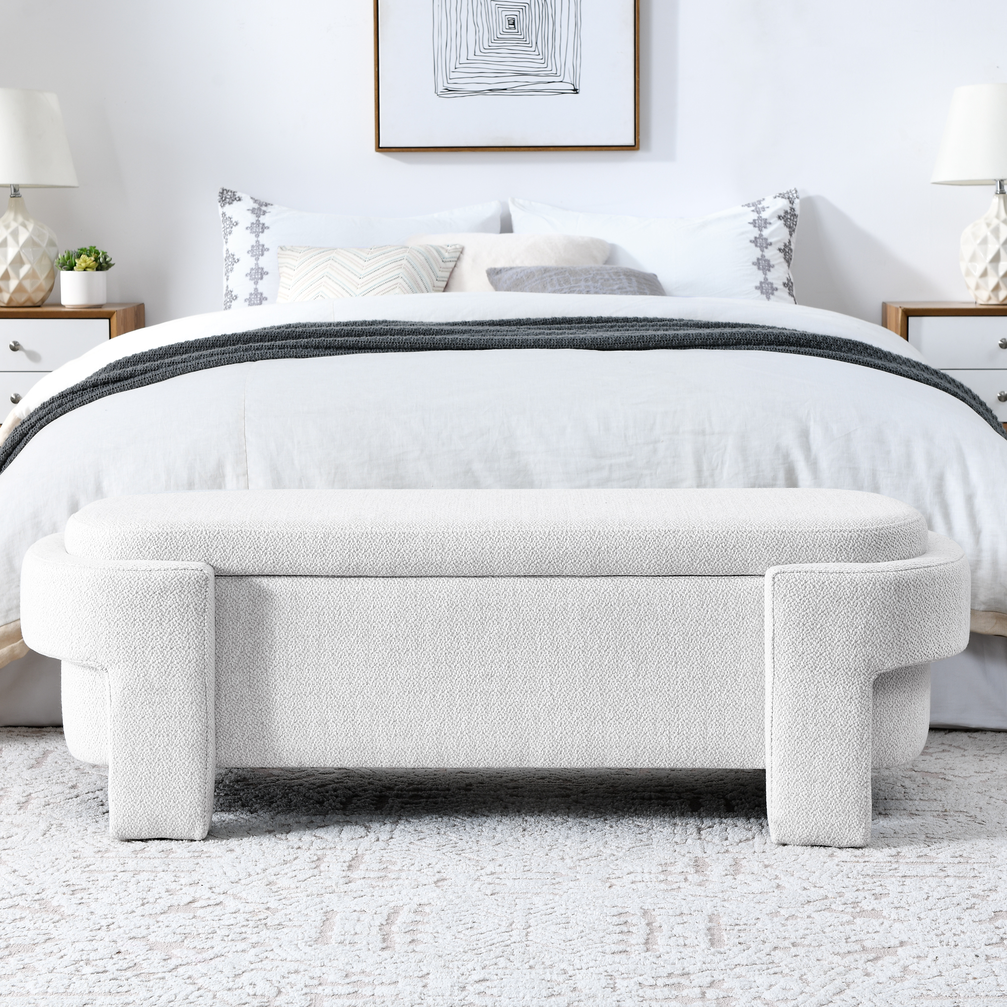 Linen Fabric Upholstered Bench With Large Storage Space For The Living Room, Entryway And Bedroom,White, 51.5 X20.5 X17