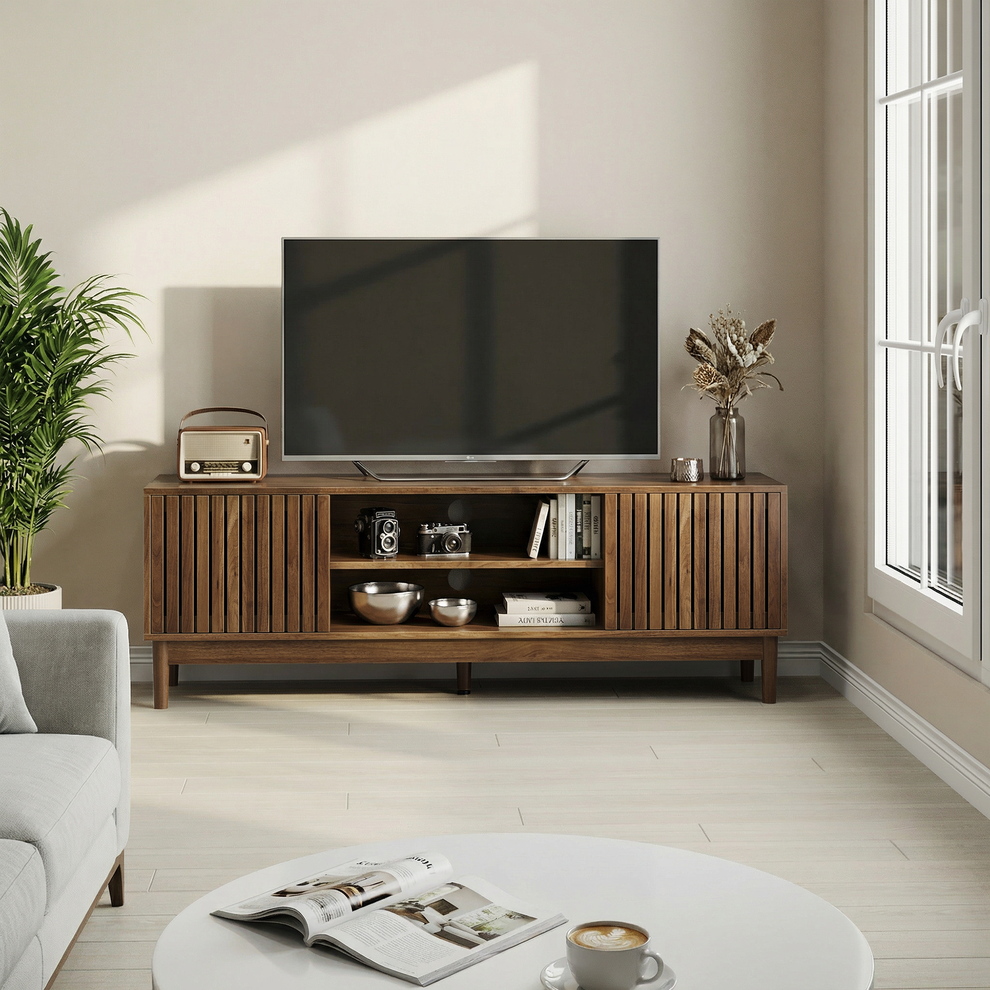 55-inch TV Stand, Mid-century Modern Style TV Stand Suitable For 55 65-inch TVs, Entertainment Center With Storage Space, Media Console For Living Room And Bedroom, Walnut Wood Color