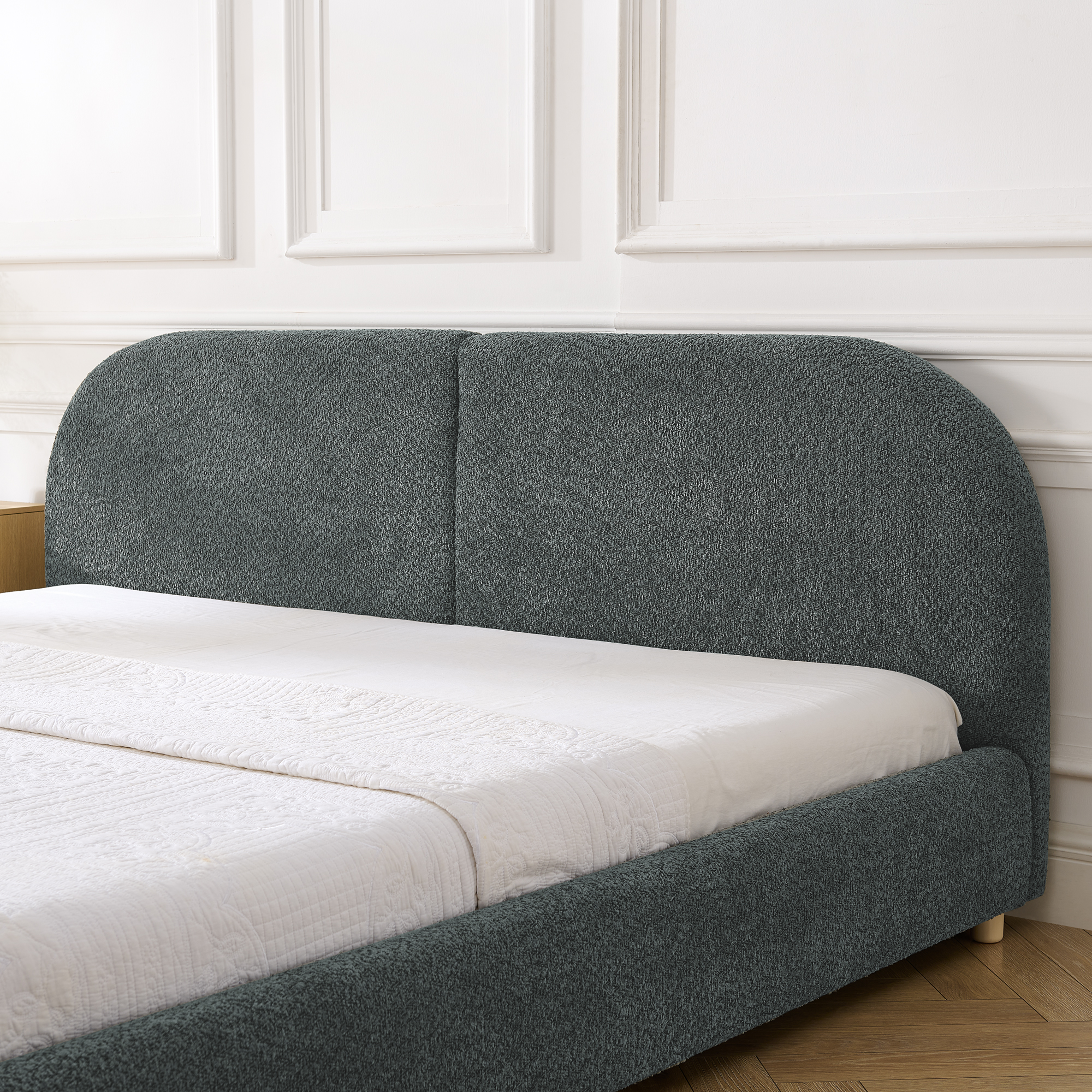 King Size Upholstered Bed Frame, Modern Minimalist Style With Tall Curved Headboard, Premium Circle Yarn Fabric & Sturdy Leg Support, Mattress Not Included-Dark Gray