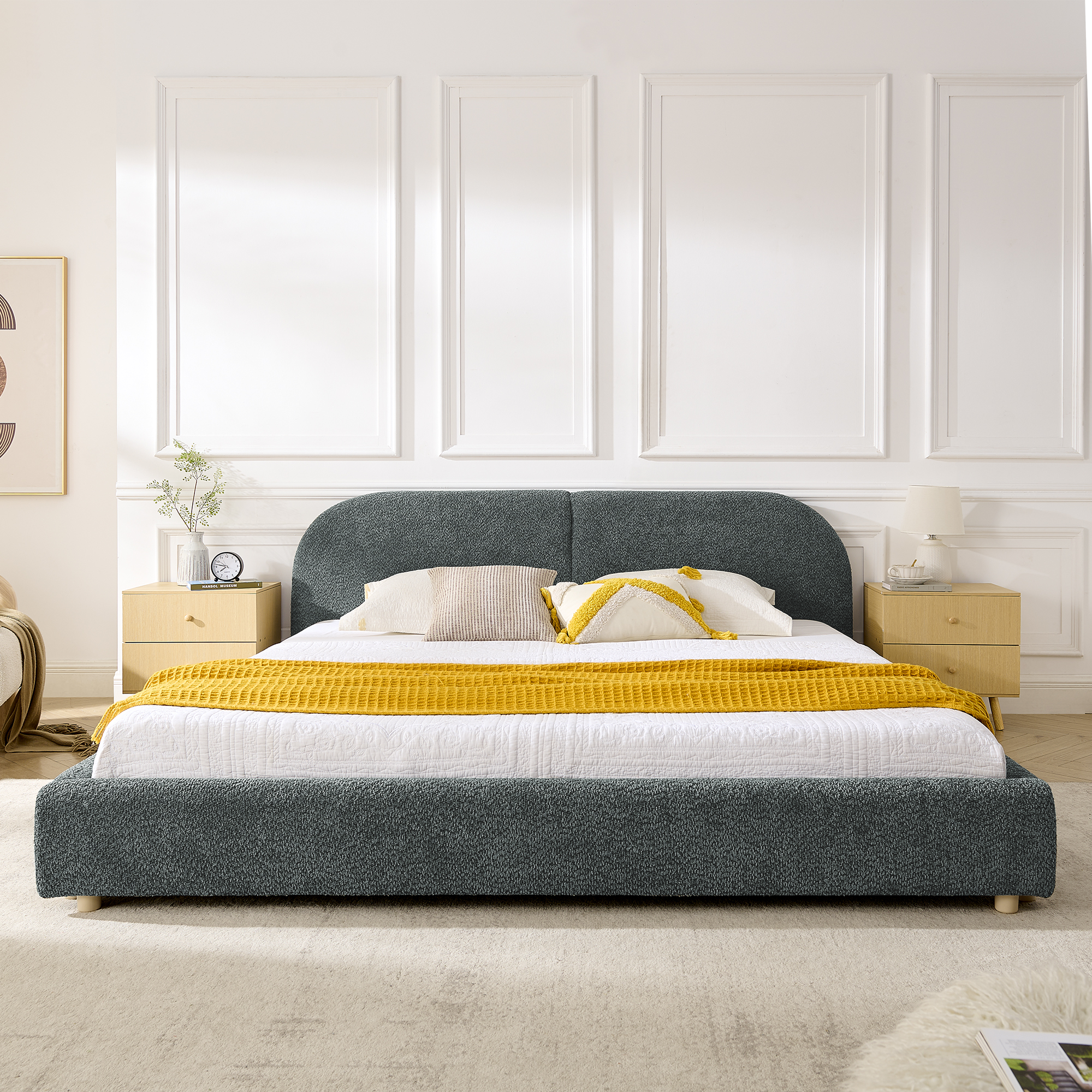 King Size Upholstered Bed Frame, Modern Minimalist Style With Tall Curved Headboard, Premium Circle Yarn Fabric & Sturdy Leg Support, Mattress Not Included-Dark Gray