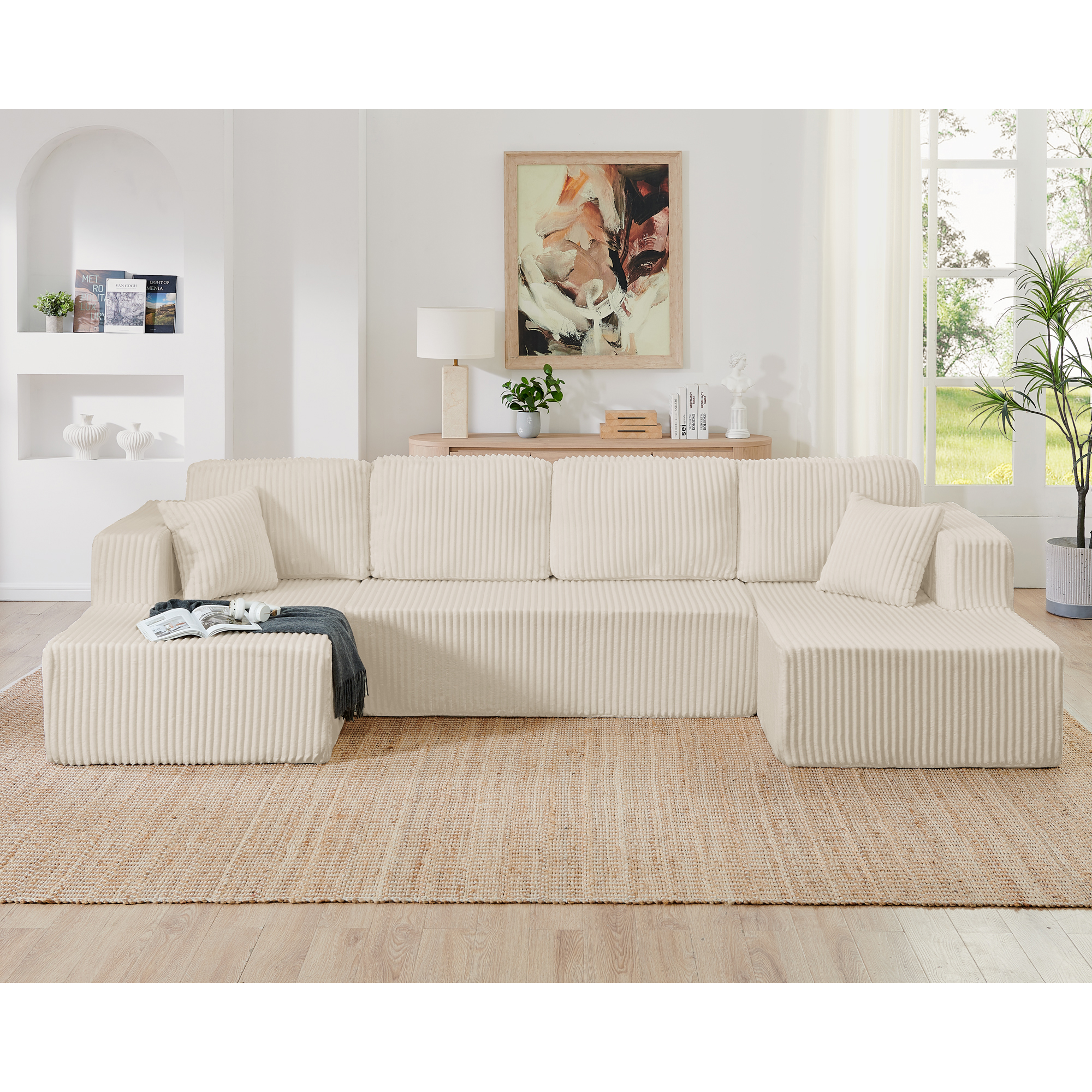 U Shape Modular Sectional Sofa, Compressed Sectional Sofa Modern Minimalist Style Corduroy Couch, Sleeper Sofa For Living Room, Bedroom, Comfy Compressed Sofa Couch Space-Efficient Design-beige