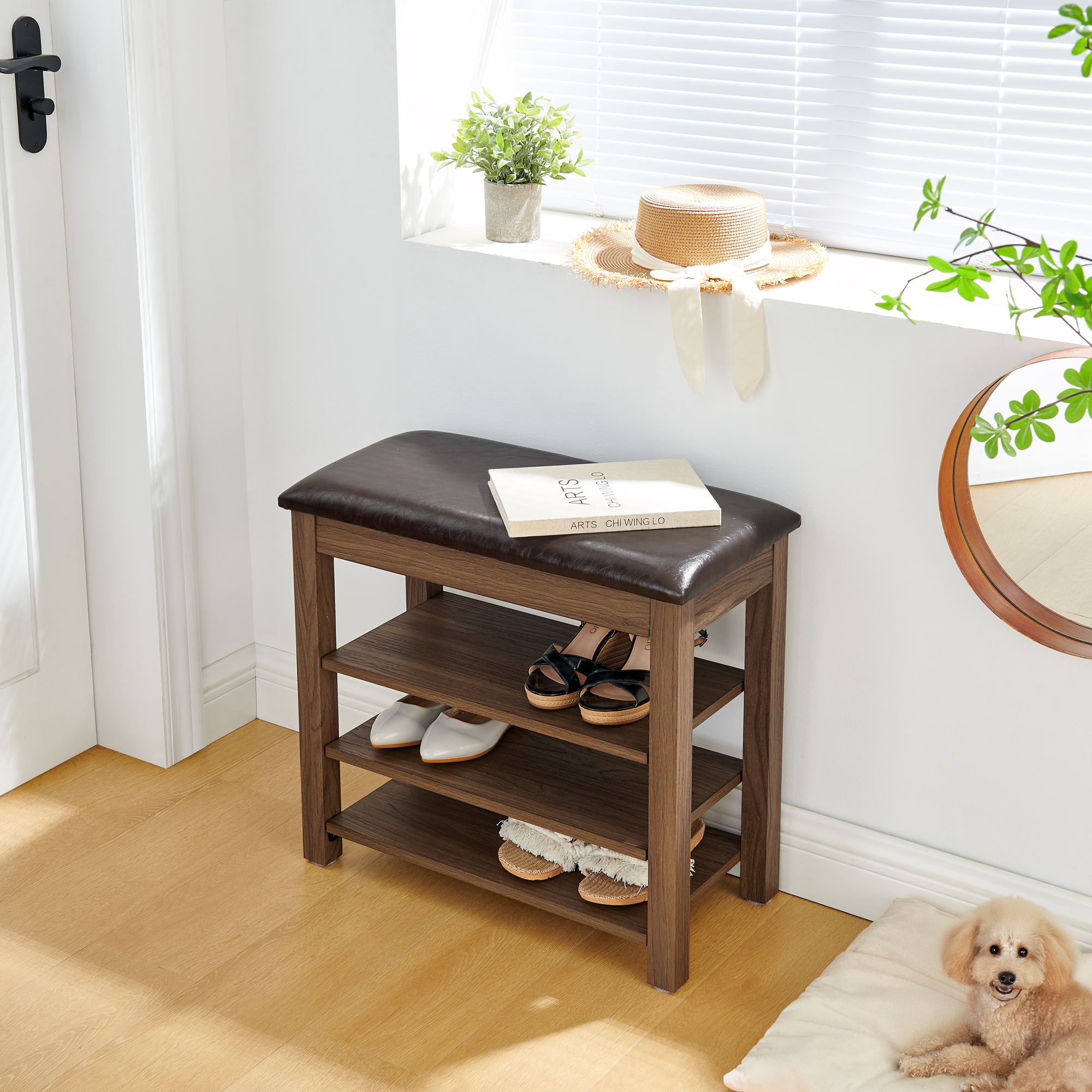 A Height-adjustable Shoe-changing Bench Made Of High-quality Wood, Equipped With A Comfortable Seat And Concealed Storage Space,Natural Rubber Wood,Brown