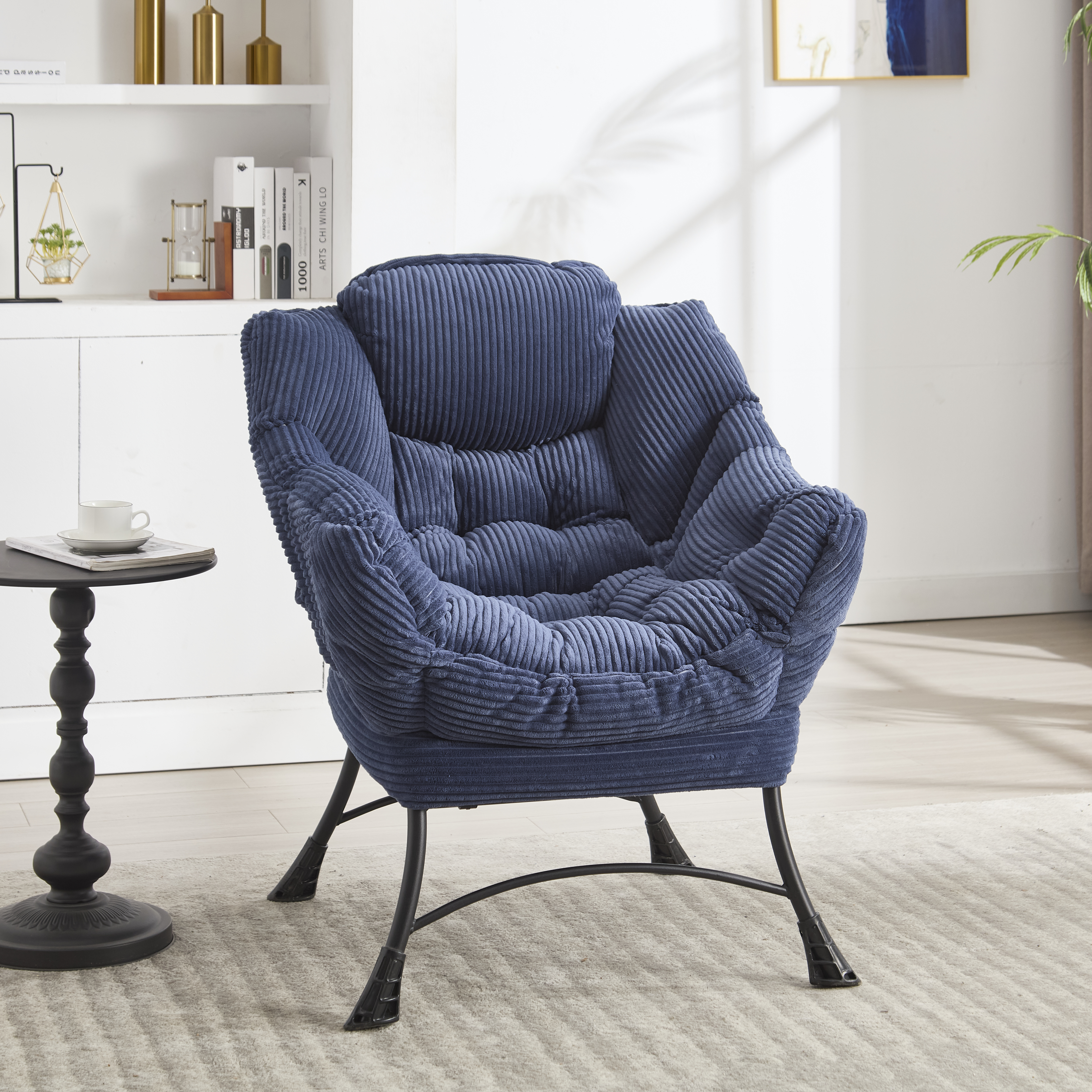 Lazy Chair With Ottoman, Modern Lounge Accent Chair With Armrests And A Side Pocket, Leisure Upholstered Sofa Chair Reading Chair With Footrest For Small Space, Corner Chair-Navy Blue