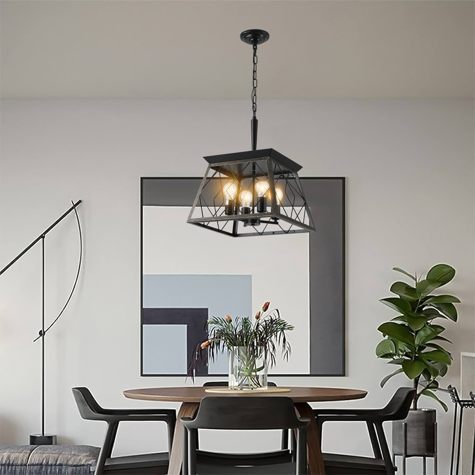 Same As W1340111204 L1010 16 Black Gold Industrial 4-Light Pendant Chandelier, Modern Metal Cage Design, Adjustable Hanging Light For Dining Room, Kitchen, Living Room No Bulbs