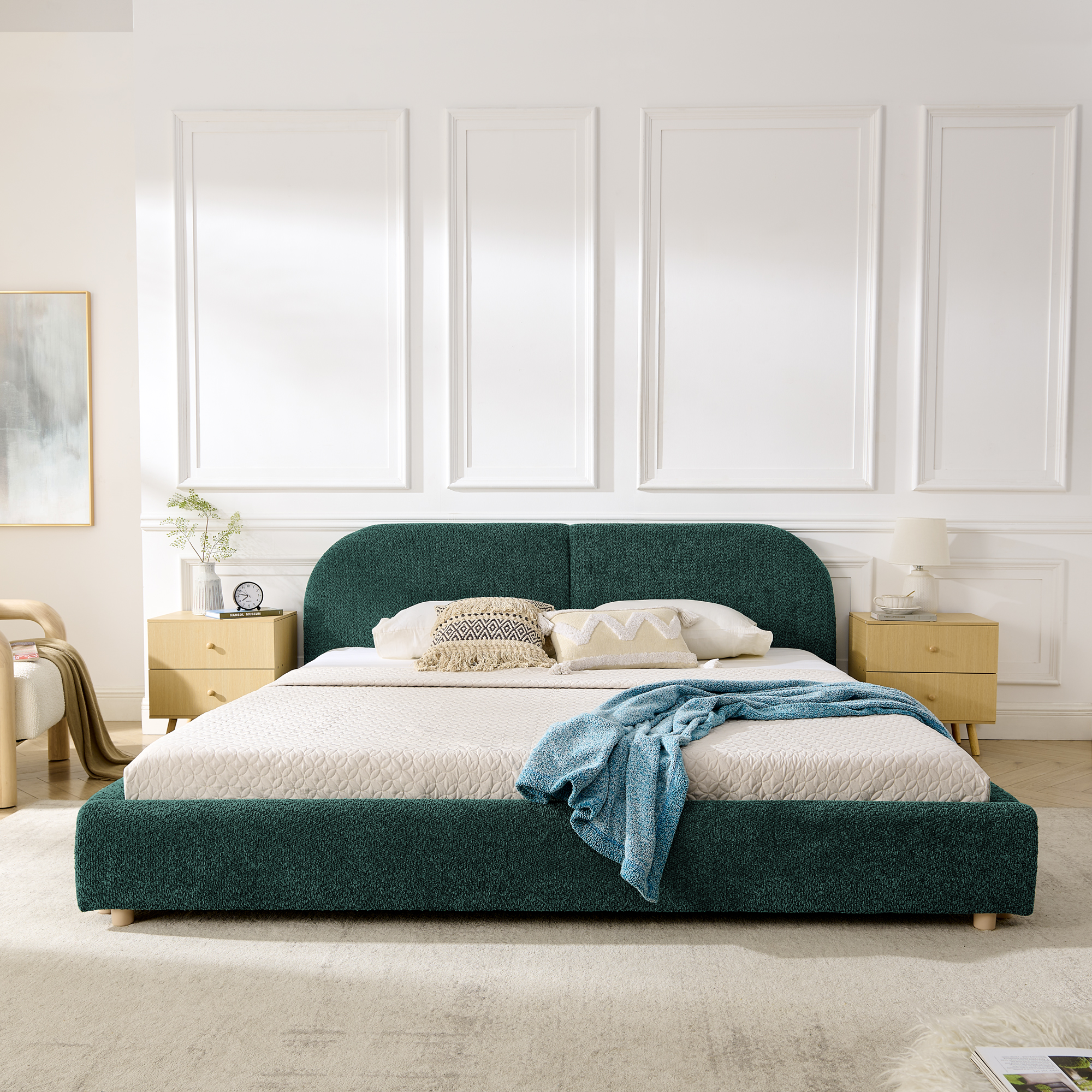 King Size Upholstered Bed Frame, Modern Minimalist Style With Tall Curved Headboard, Premium Circle Yarn Fabric & Sturdy Leg Support, Mattress Not Included-Green