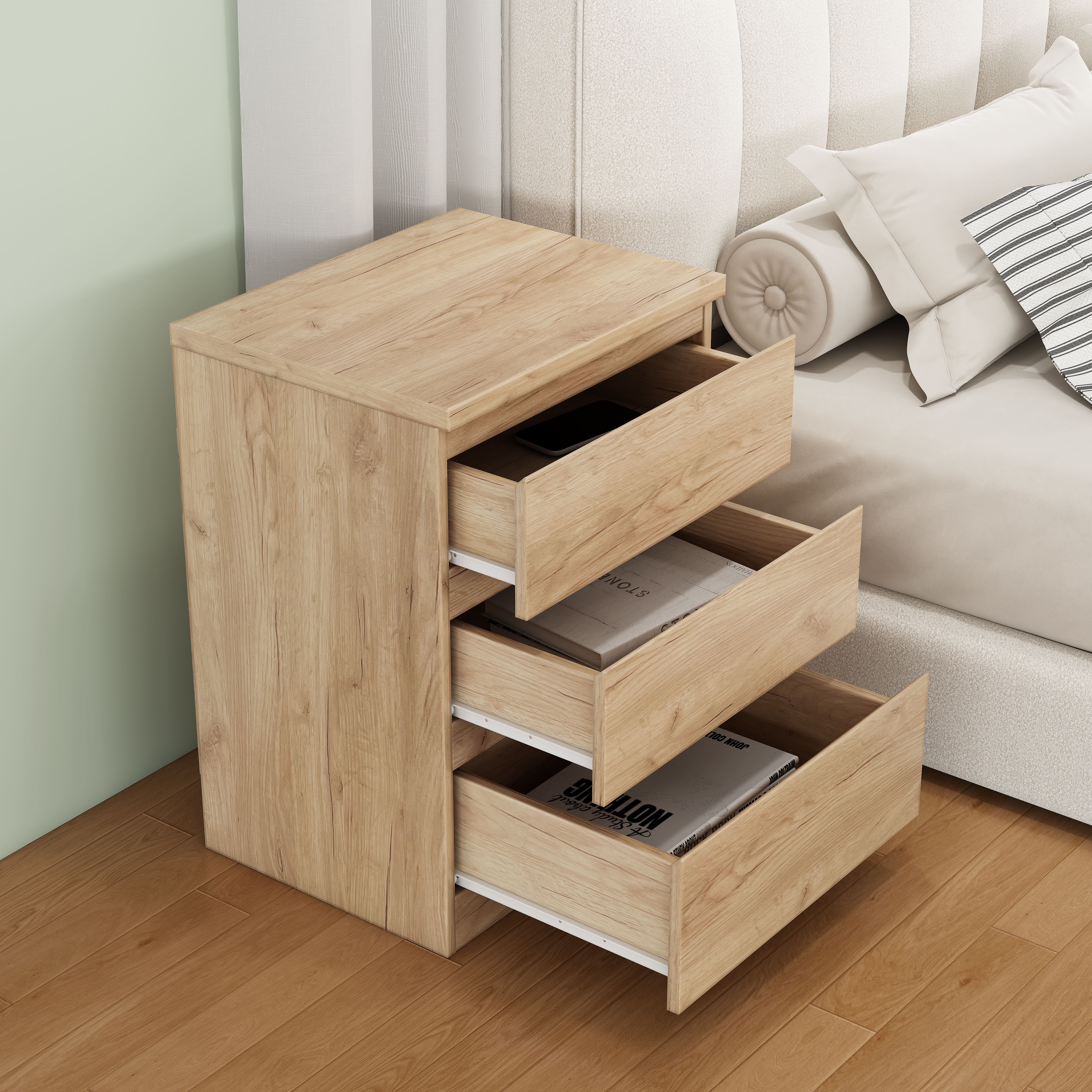 19.7-Inch Natural Nightstand With 3 Drawers, Beside Table With Drawers Handle Free Design,Thickened Top Plate,Small Side Table Storage Cabinet 3 Drawer Night Stand For Bedroom,Living Room_voghion.com