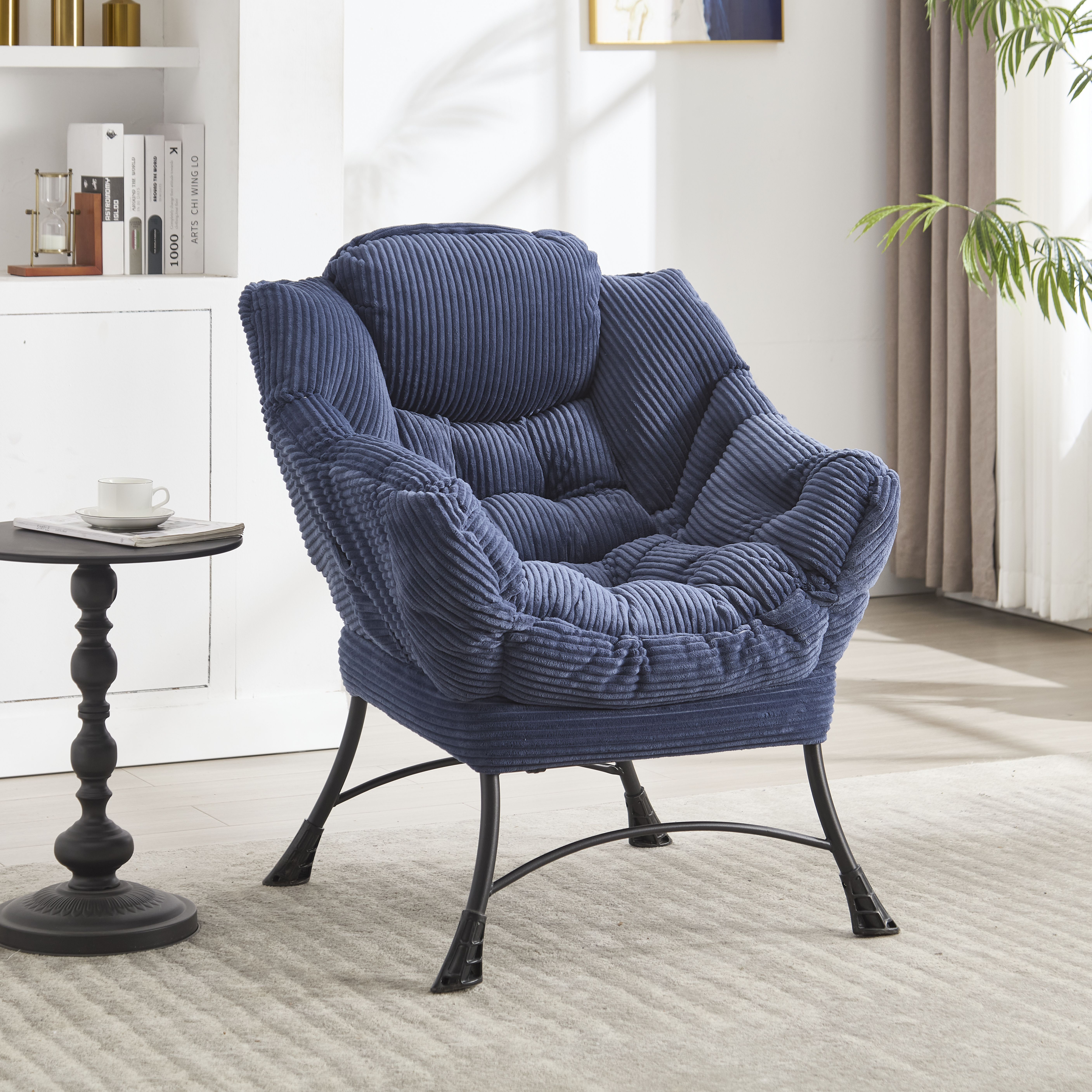 Lazy Chair With Ottoman, Modern Lounge Accent Chair With Armrests And A Side Pocket, Leisure Upholstered Sofa Chair Reading Chair With Footrest For Small Space, Corner Chair-Navy Blue