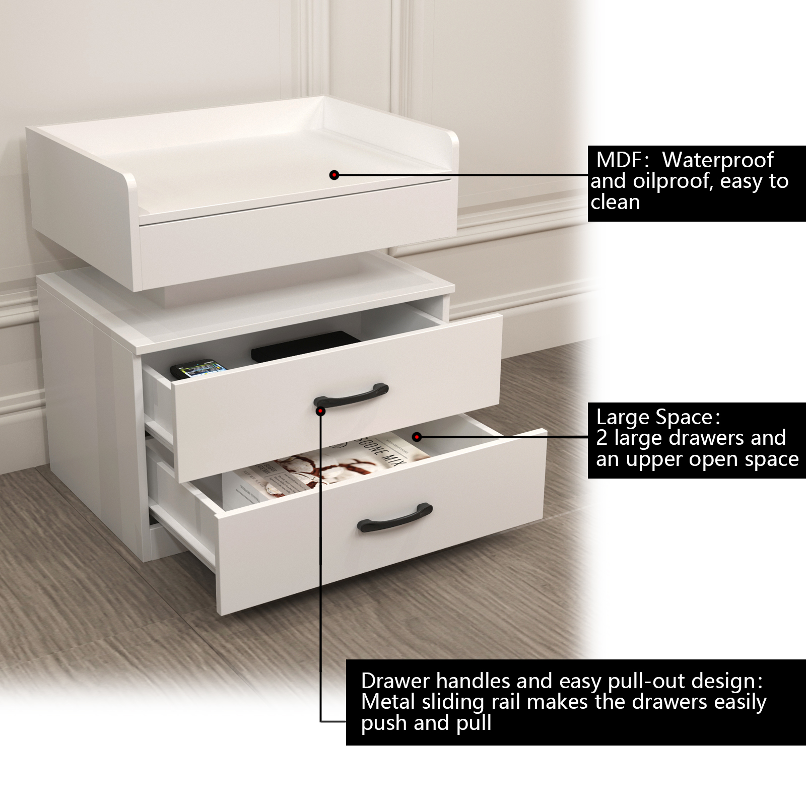 1 Set Nightstand With Adjustable LED Strip Light, 2-drawers, Large Storage Space, Suitable For Bedside Table, Coffee Table, Sofa Side Table Or End Table For Study Desk