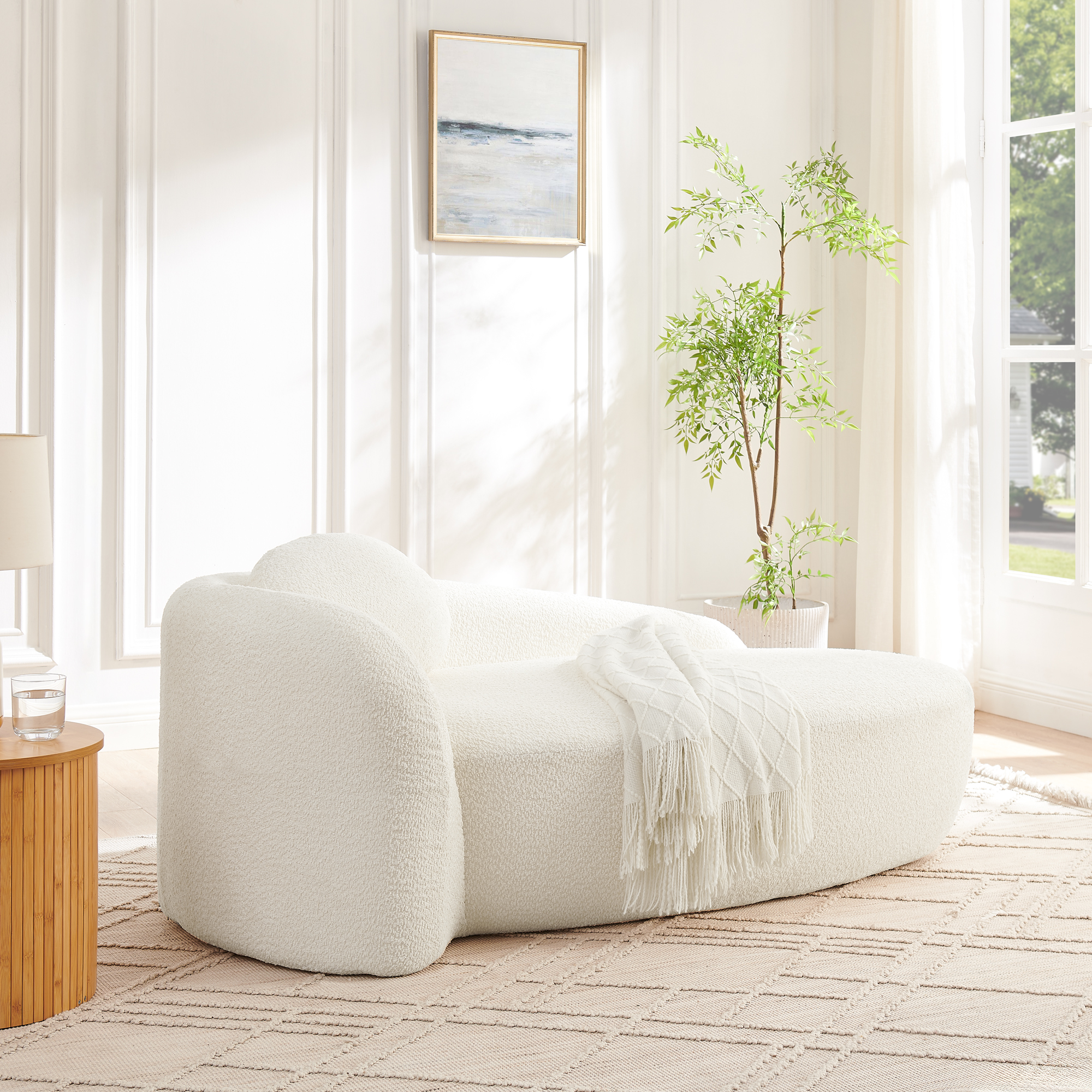 Modern Oval Single Lazy Sofa Chair With Integrated Backrest, Side Armrest And Pillow, Compact Space-Saving Lounge Chair For Living Room Bedroom-Beige