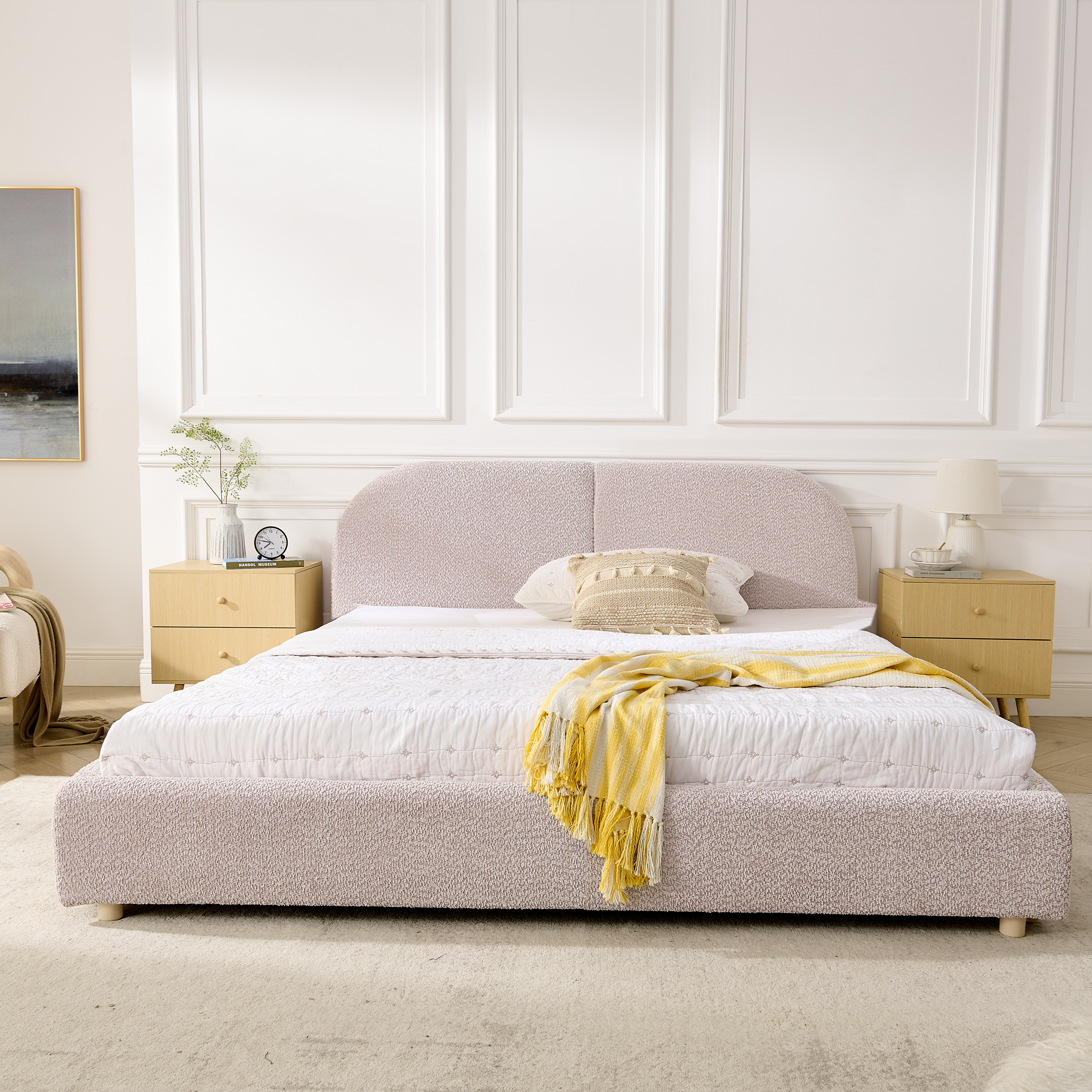 Queen Size Upholstered Bed Frame, Modern Minimalist Style With Tall Curved Headboard, Premium Circle Yarn Fabric & Sturdy Leg Support, Mattress Not Included-Pink