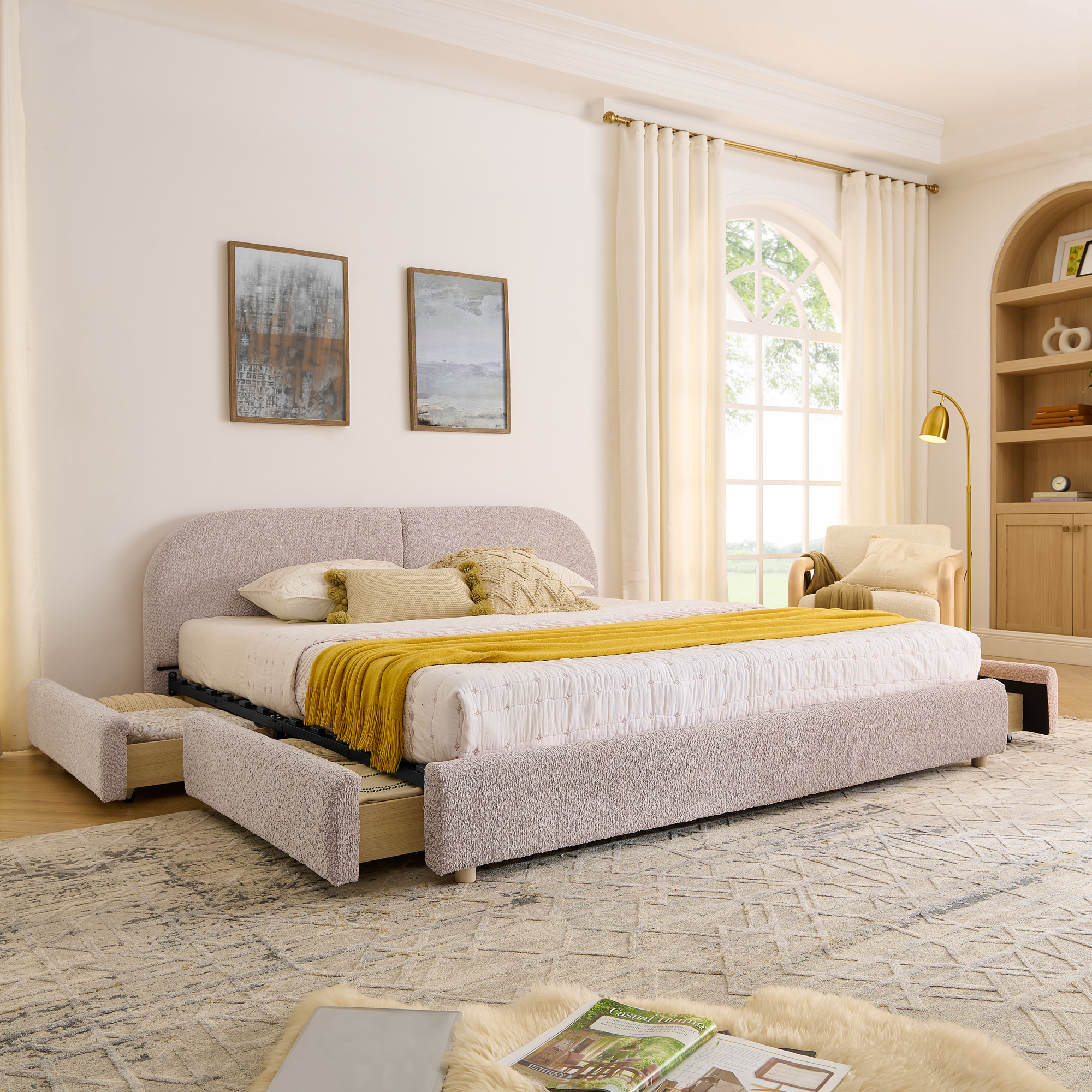 King Size Upholstered Bed Frame Modern Minimalist Style - Circle Yarn Fabric, Tall Curved Headboard, Sturdy Leg Support & Wheeled Drawer Storage, Mattress Not Included - Pink