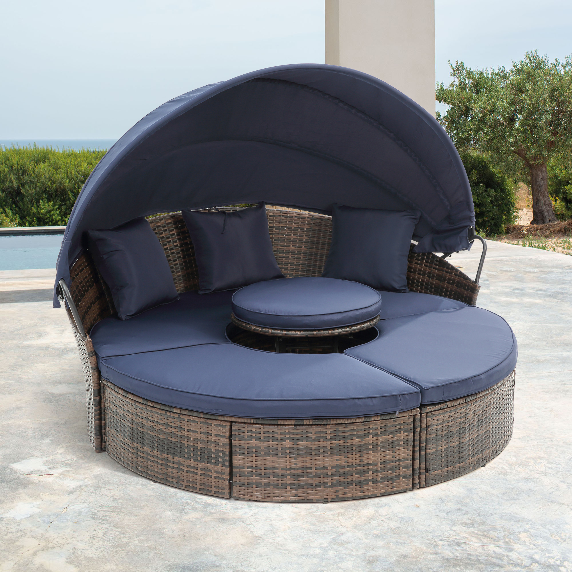 Hot Sale KD Rattan Round Lounge With Canopy Bali Canopy Bed Outdoor, Wicker Outdoor Sofa Bed With Lift Coffee Table