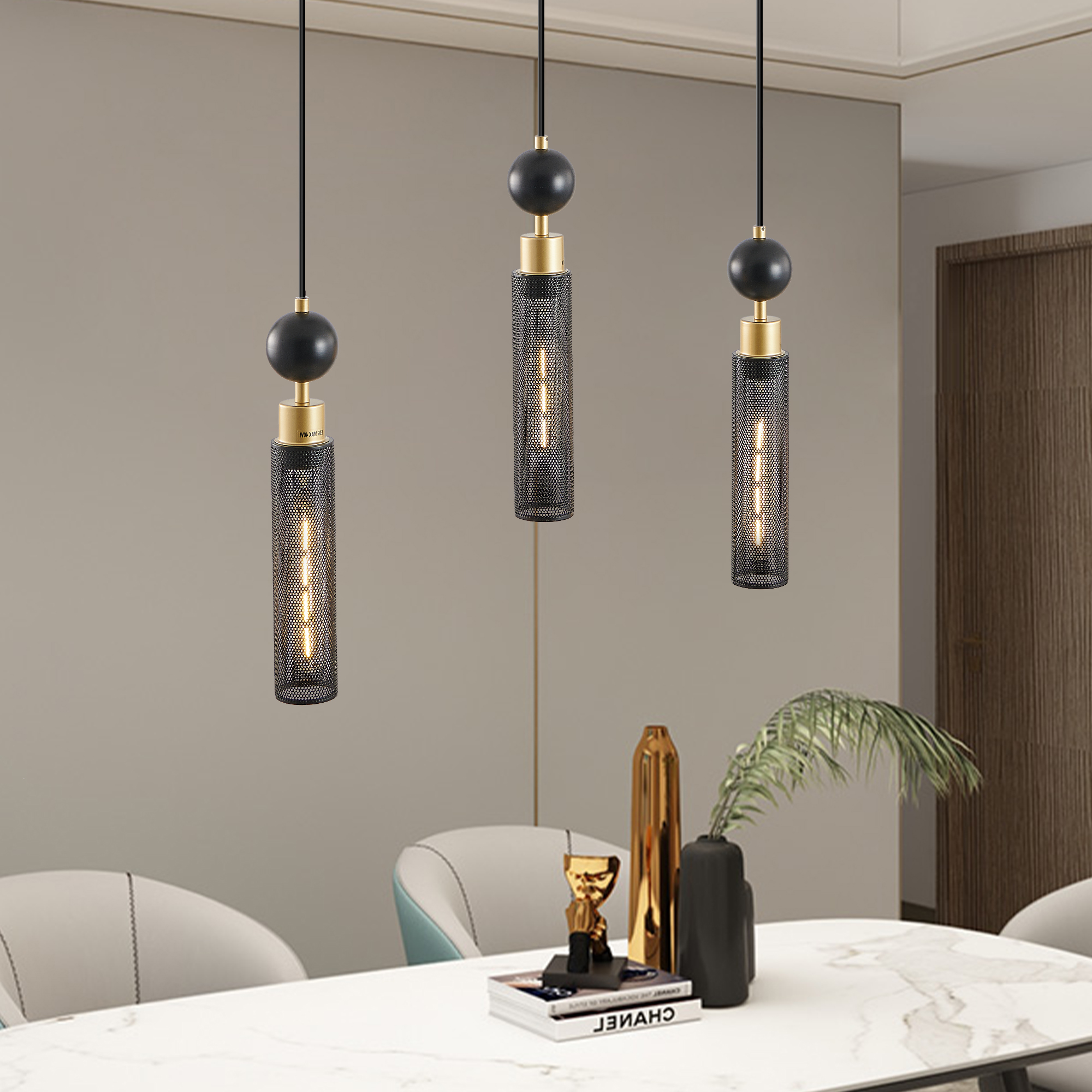 25 Modern Black And Gold 3-Light Pendant Chandelier, Adjustable Hanging Lights With Cylindrical Mesh Shades, E26 Base, Ideal For Dining Room, Kitchen Island, Or Living Room Lighting No Bulbs