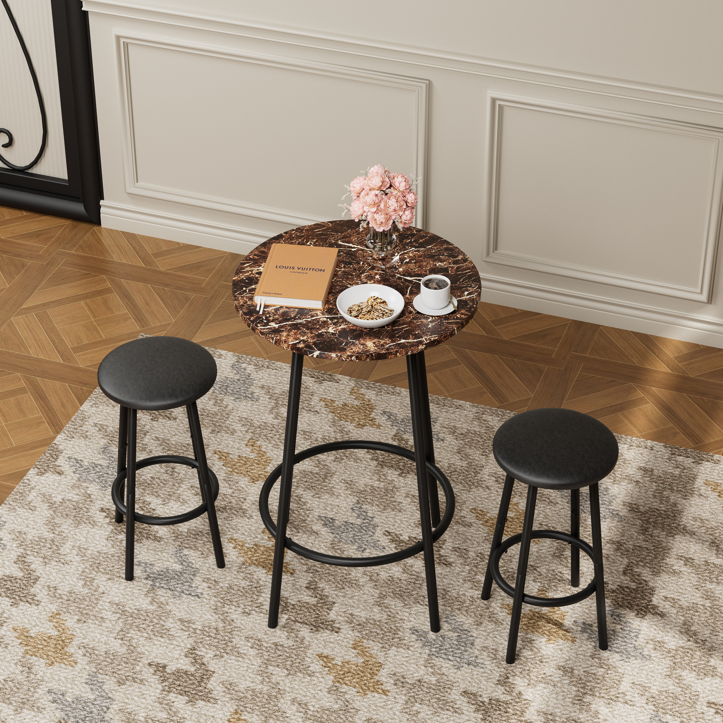 3-Piece Bar Table Set With 2 Bar Stools Modern Pub Table_voghion.com