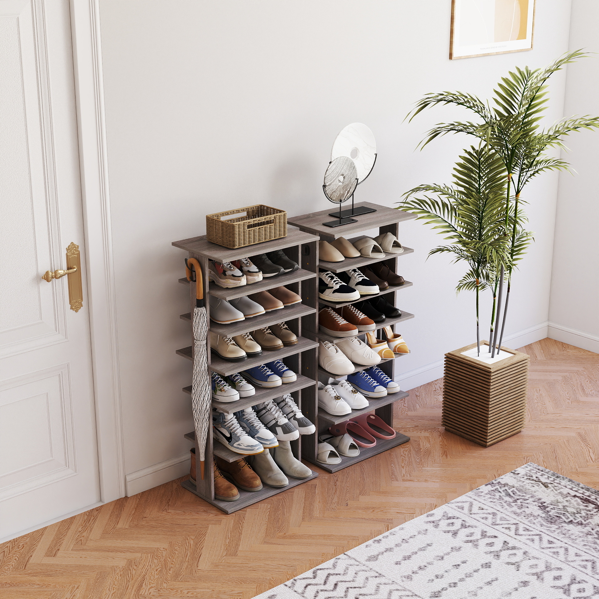 Shoe Rack,7 Tier Shoe Storage Organizer With Hooks, Entryway Shoe Tower,12-14Pairs Shoes,Vertical Shoe Organizer,Vertical Shoe Organizer,Easy Assemble,Saving Space,Rustic Gray