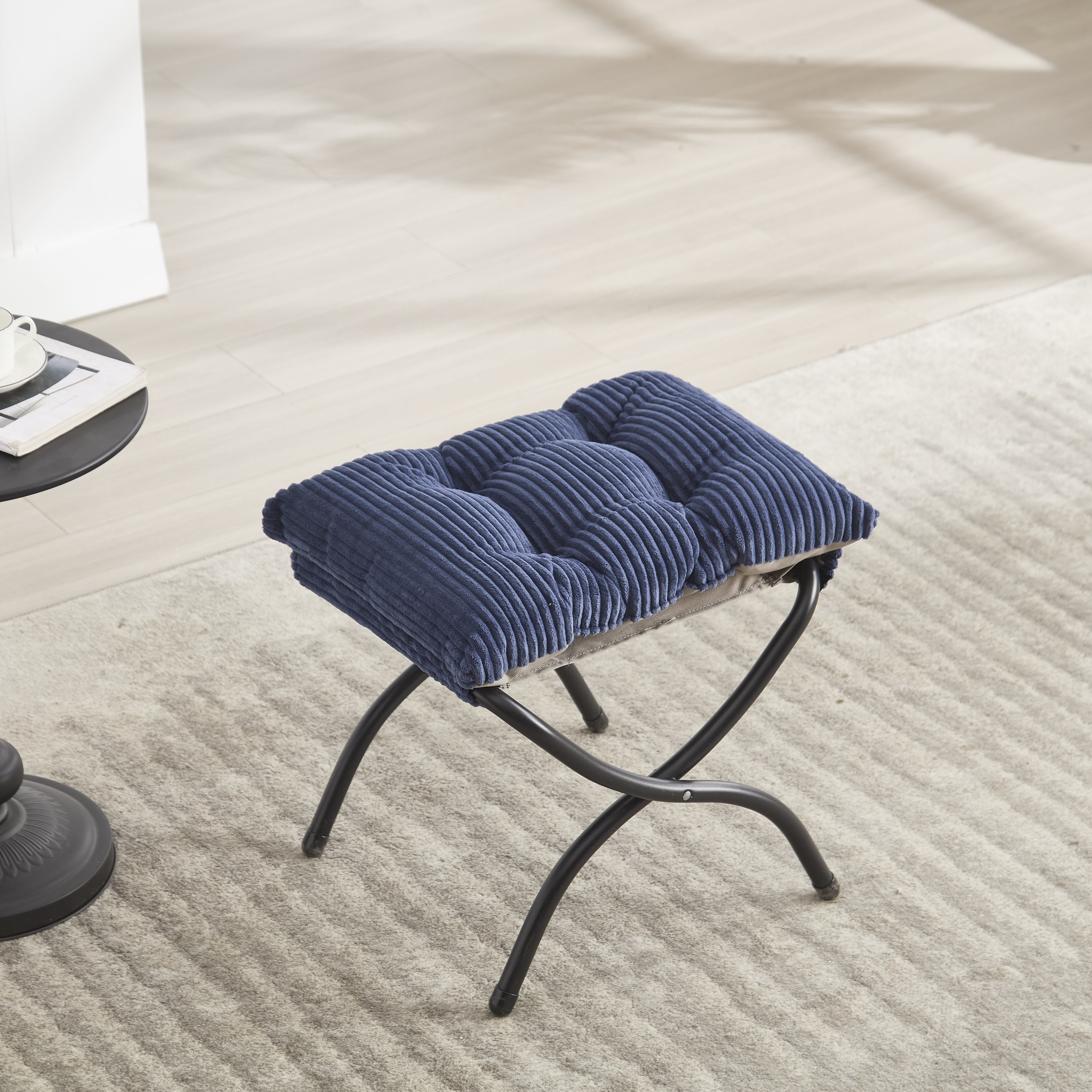 Lazy Chair With Ottoman, Modern Lounge Accent Chair With Armrests And A Side Pocket, Leisure Upholstered Sofa Chair Reading Chair With Footrest For Small Space, Corner Chair-Navy Blue
