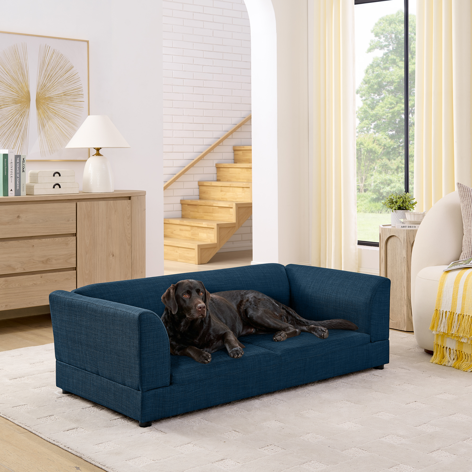 Comfortable Oversized Pet Sofa For Medium Large Dogs - Modern Rectangular Design With Backrest, Armrests & Soft Cushion -Dark Blue56.5 X26 X17