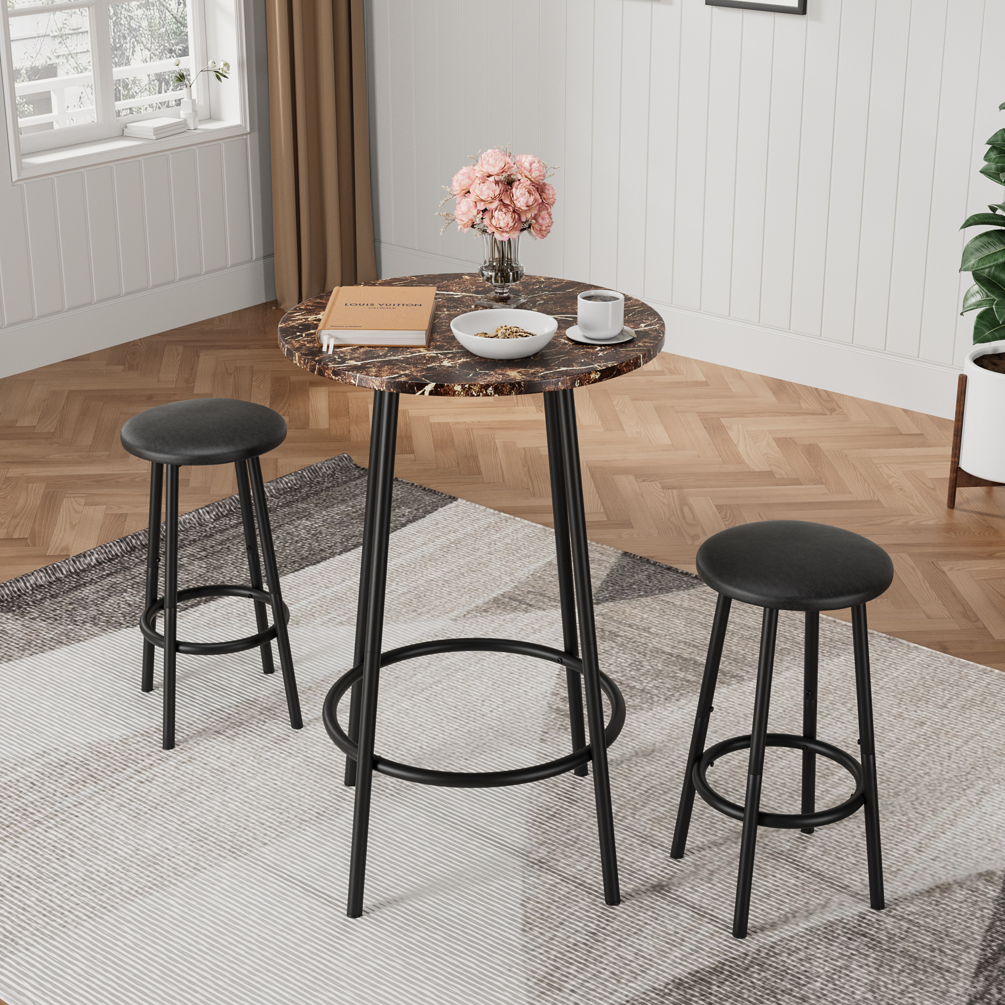 3-Piece Bar Table Set With 2 Bar Stools Modern Pub Table_voghion.com